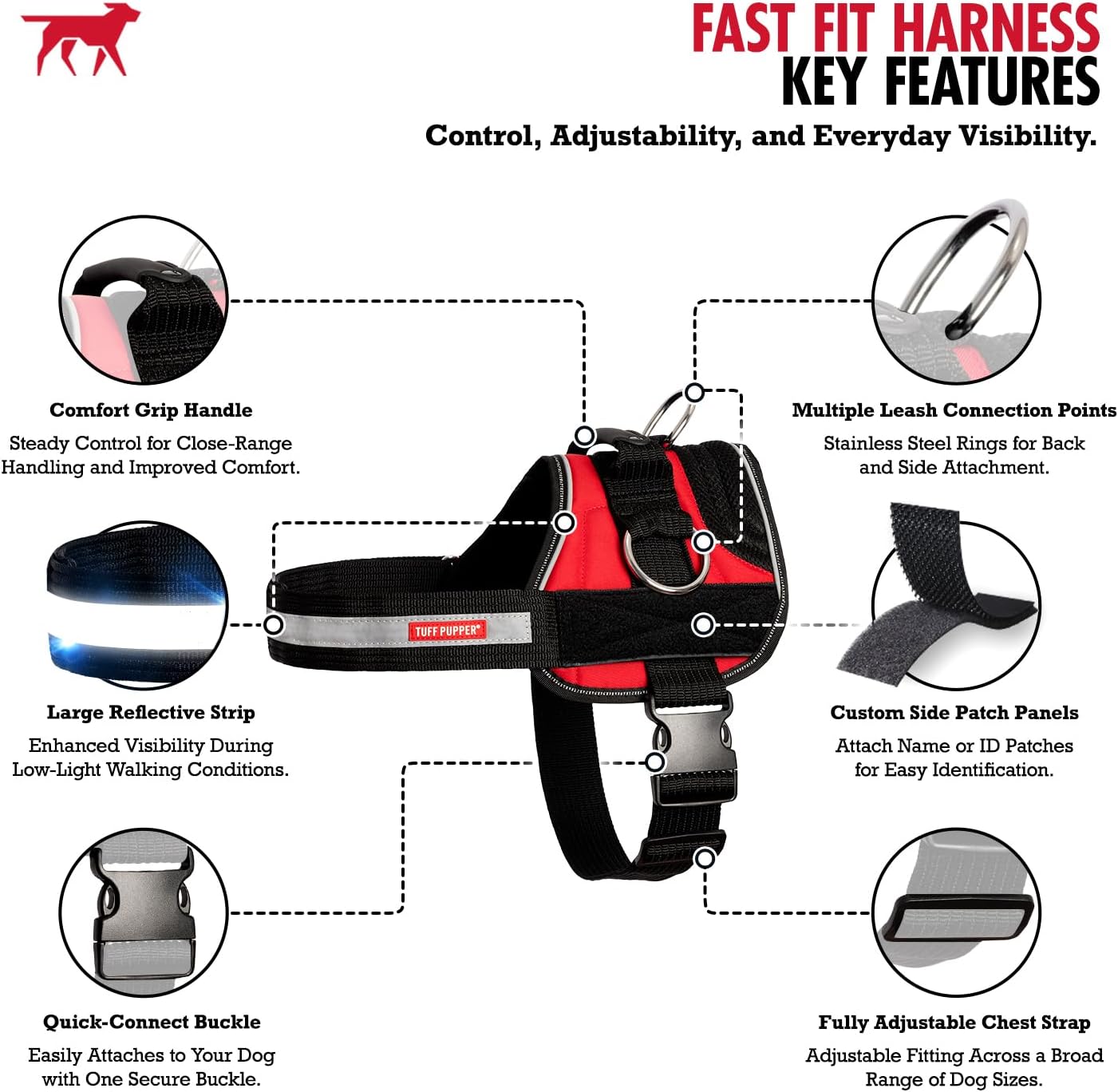 Tuff Pupper Fast Fit Harness for Small Dogs | No Pull No Choke, Escape-Proof | Rugged Padded Breathable Vest | Traffic Control Handle | 3 Leash Clips | Reflective Trim | Easy On Off (S, Red)