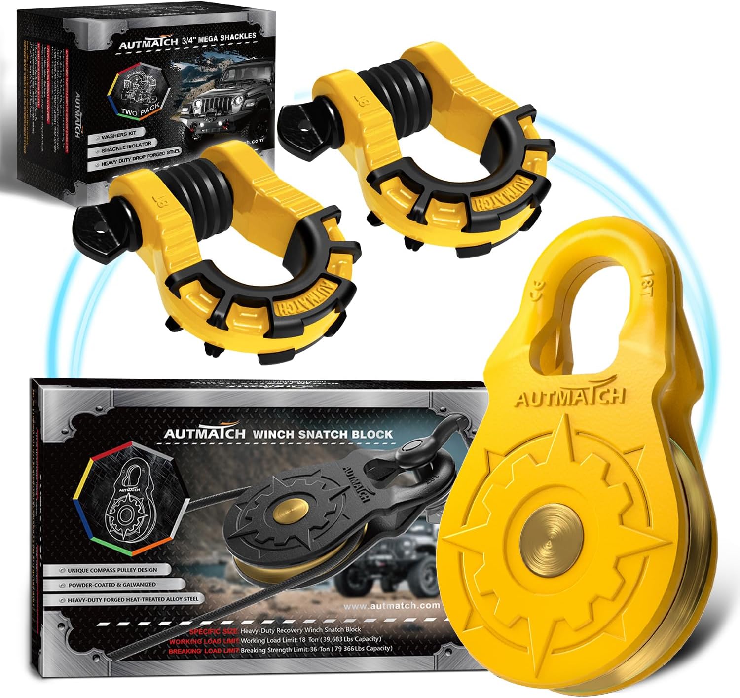 AUTMATCH Mega Shackles 3/4" with Winch Snatch Block Pulley 18 Ton, Max 79,366Lbs Break Strength, Heavy Duty Off Road Recovery Towing Pulley Blocks Winch Rope, ATV, UTV, Truck, Yellow