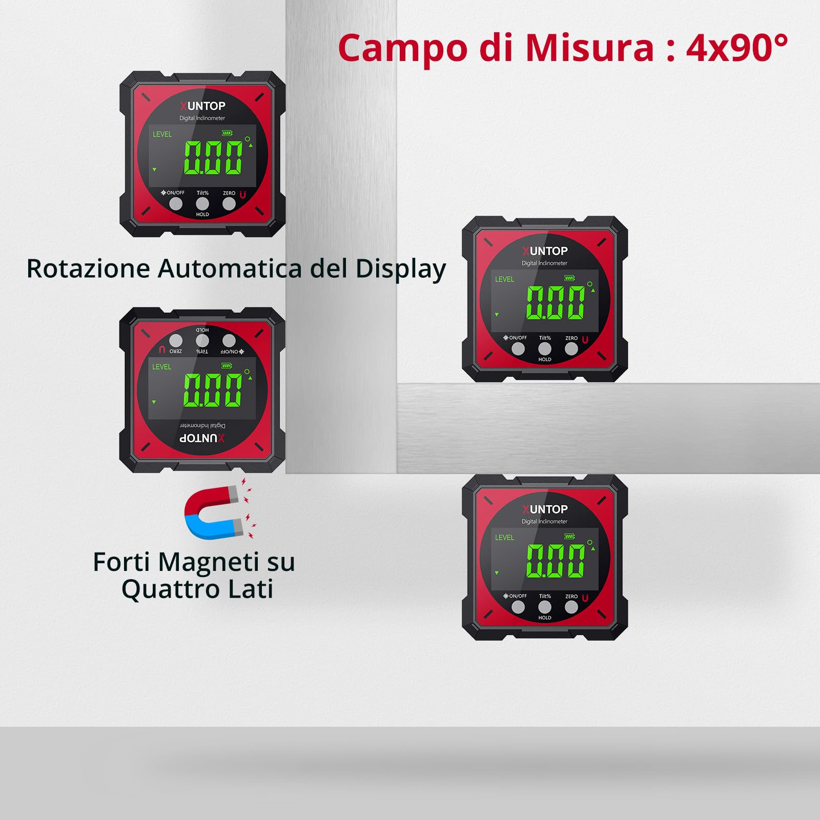 XUNTOP LCD Level Box Digitale Ricaricabile con Laser Elettronico Angle Finder 4x90° con 4 Lati Magnetici con Cavo Type-C per Ricarica Inclinometro Livella Laser Impermeabile con Retroilluminazione