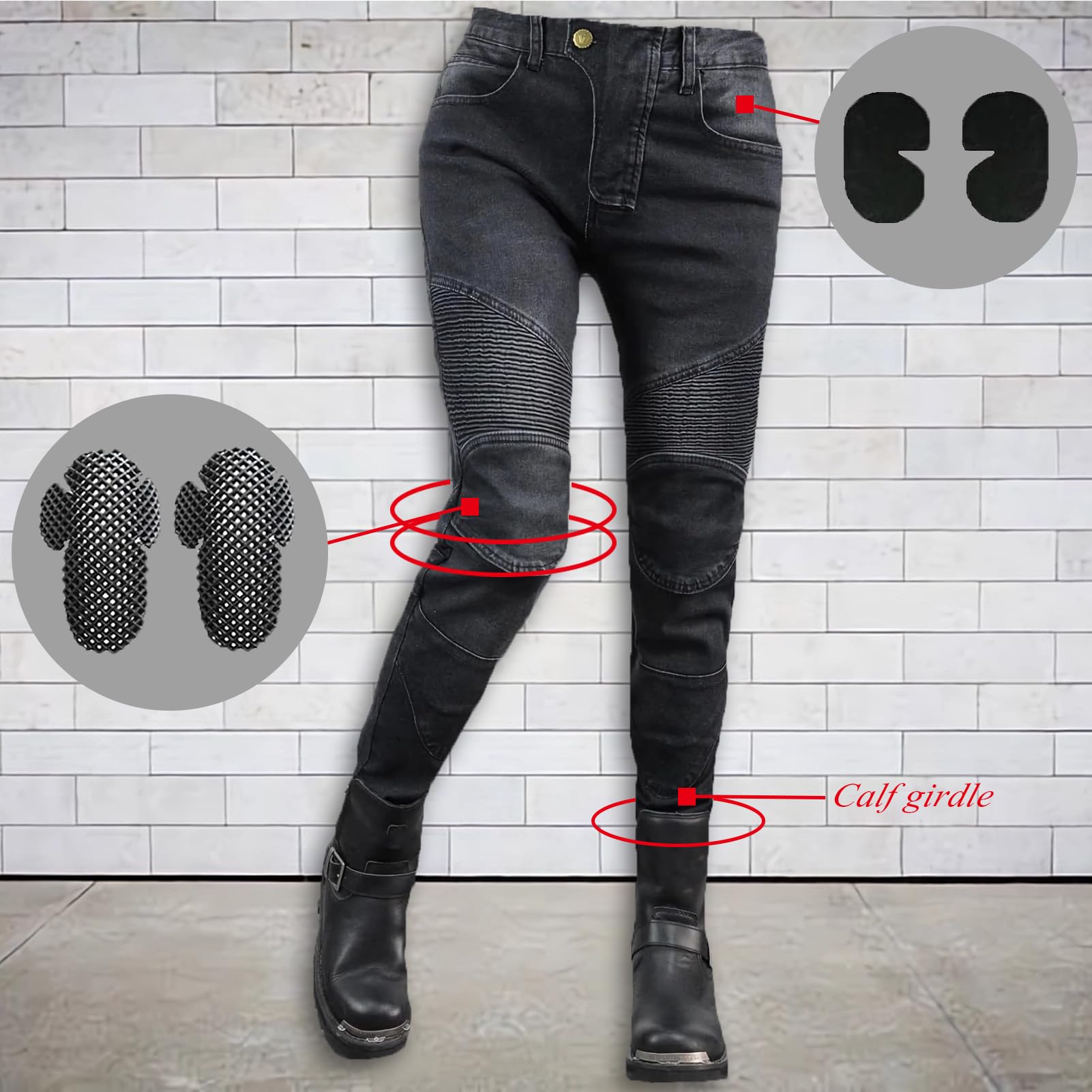 Jeans da donna, slim fit, da moto, con protezioni per ginocchia e fianchi, elasticizzati, slim fit, in denim, da motociclista