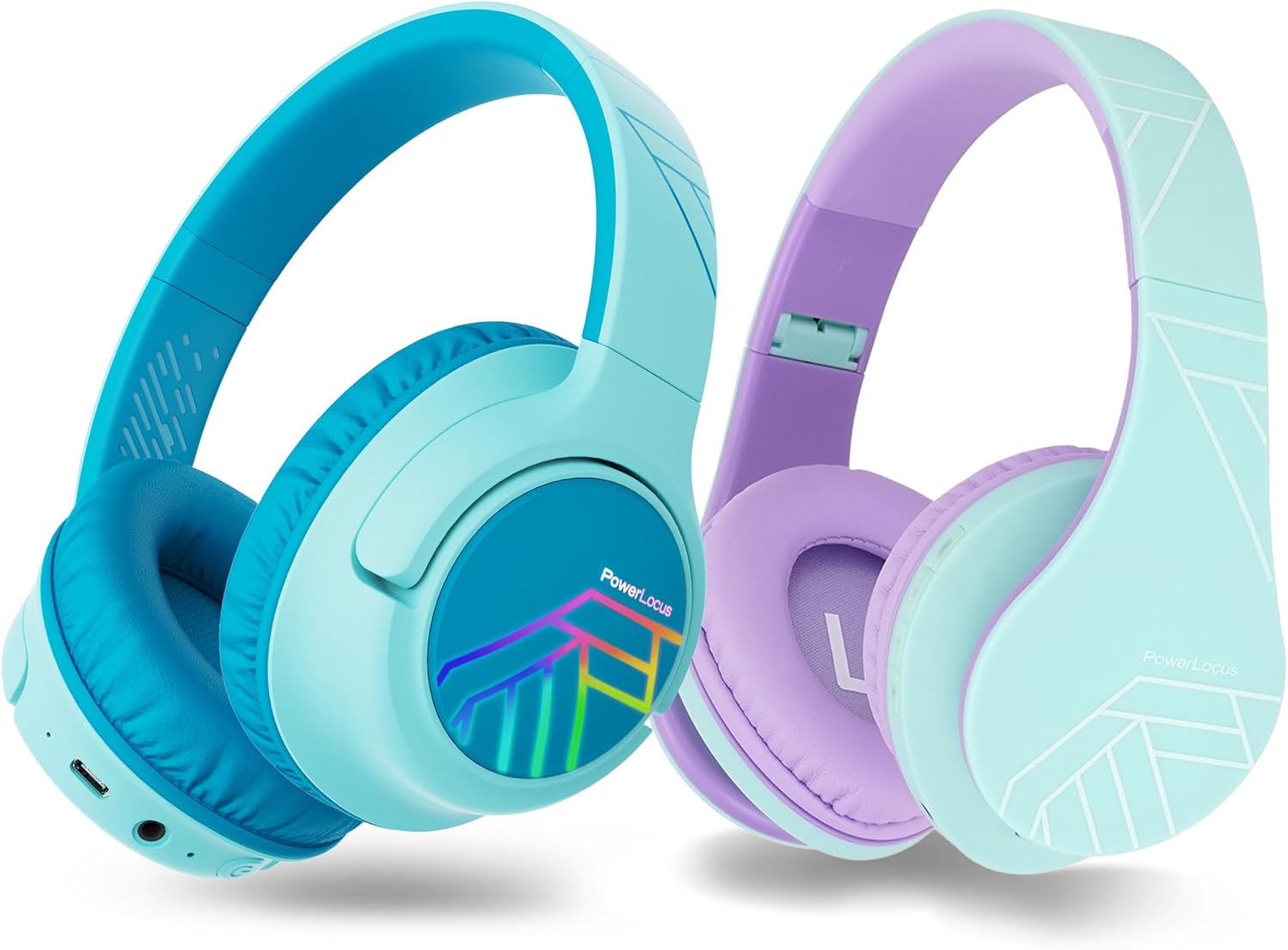 PowerLocus Bobo Kids Headphones (Blue) with P2 Kids Bluetooth Headphones (Teal/Purple)