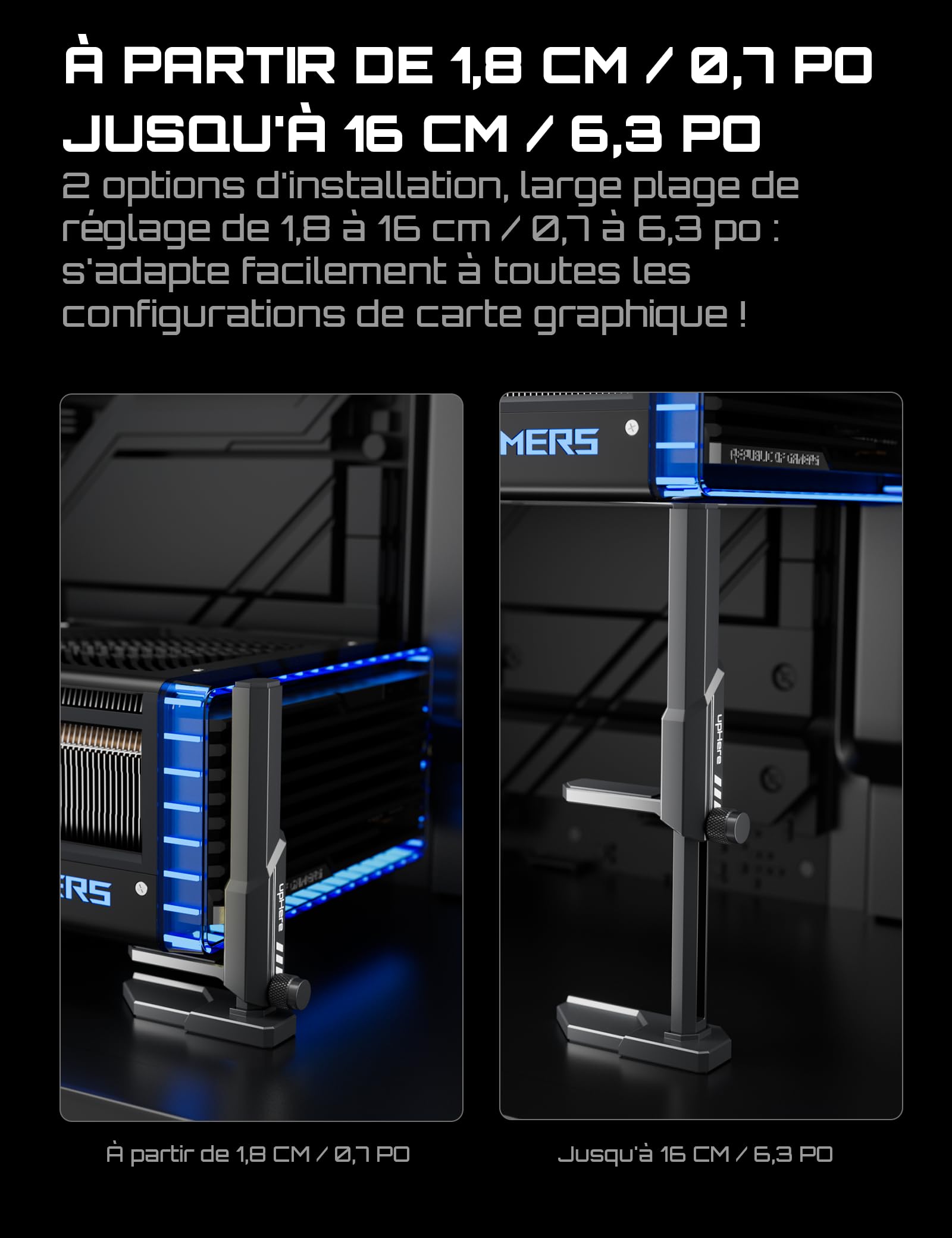 upHere GH07 Support GPU Alliage de Zinc Hauteur Réglable Carte Graphique Base Magnétique Patin Caoutchouc 18-160mm Noir