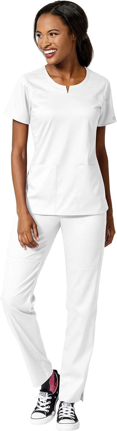 WonderWink PRO Women's 4 Pocket Notch Neck Top & Knit Waist Cargo Pant Scrub Set + Badge Reel