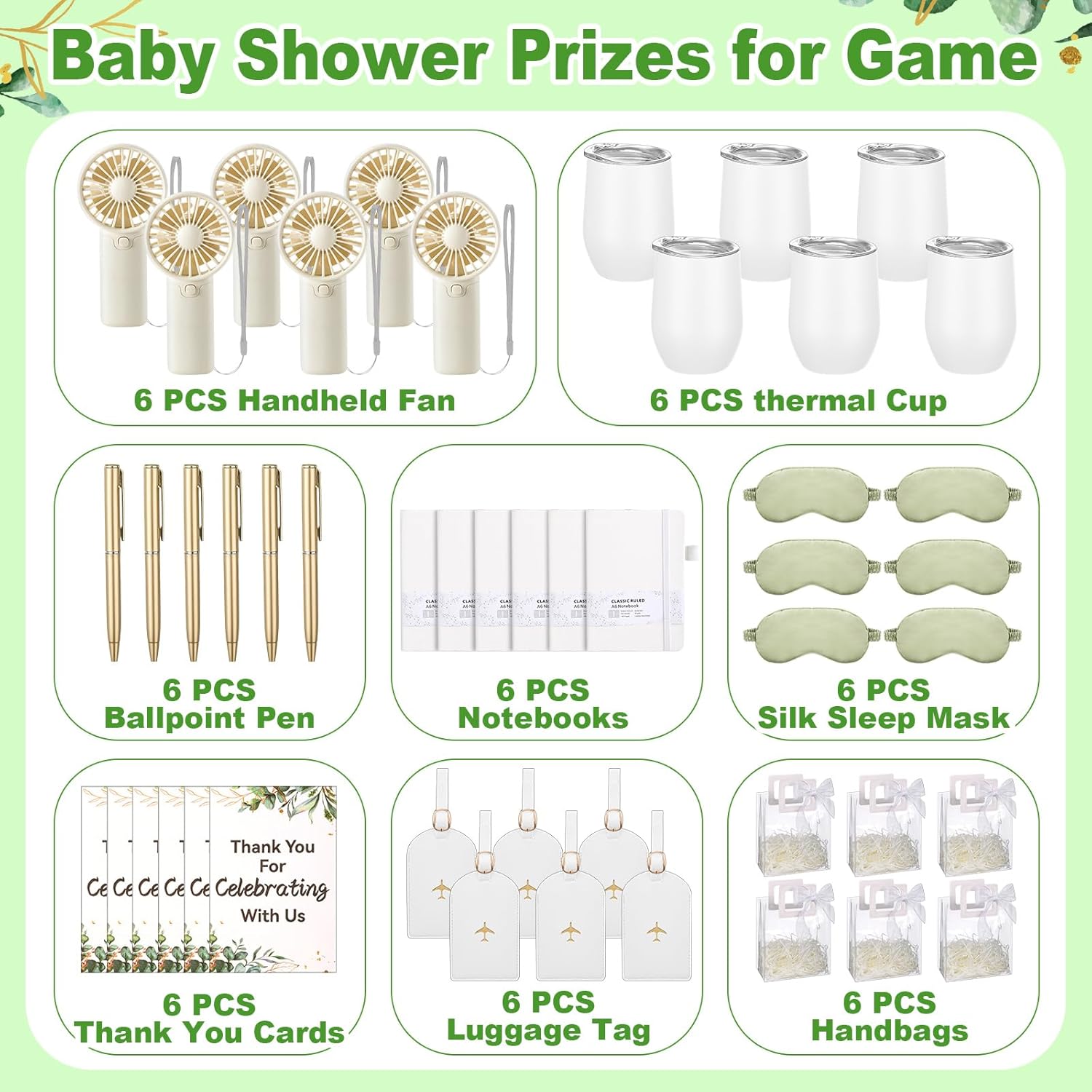Talltalk 6 Sets Baby Shower Prizes for Game Wedding Bridal Shower Winners Gifts Guest Favors Luggage Tag Handheld Fan Cup Notebooks Silk Eye Mask Ballpoint Pen Card Bags (White)
