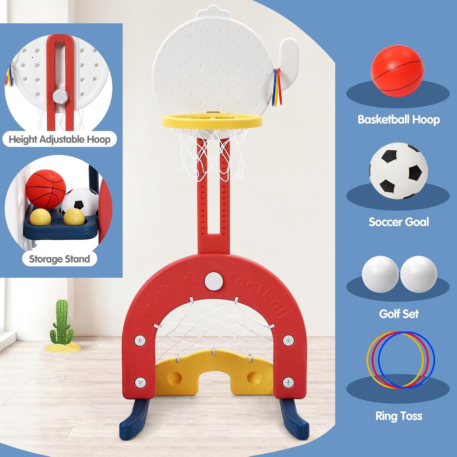 7-in-1 Toddler Slide and Swing Set, Kids Indoor Outdoor Playground with Adjustable Swing, Basketball Hoop, Soccer, Golf & Ring Toss, Baby Freestanding Climber Playset for Boys Girls Ages 1-3