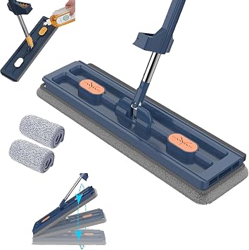 Large Flat Mop,Large Flat Mop with Bucket,LargeFlatMop for Wet and Dry Use,Self-Contained Dewatering Scraper Mop Blue, 2Rag