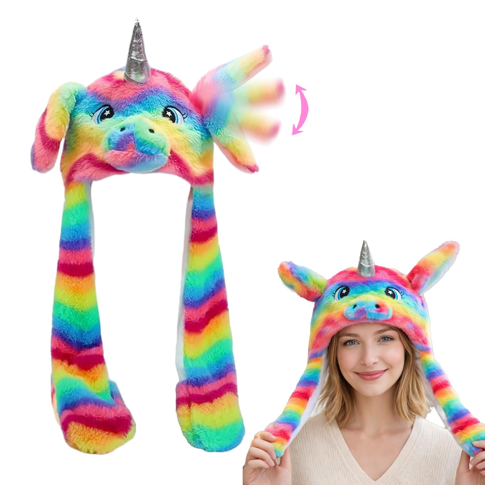 GWAWG Unicorn Hat with Moving Ears, Cute Plush Animal Hat for Girls Soft Cartoon Movable Ears Winter Hat