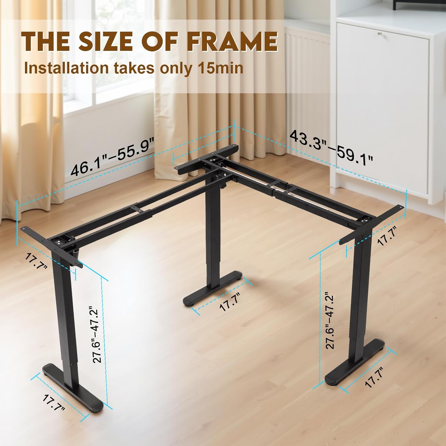 Detailed dimensions of the TOPSKY L-shaped desk frame, including adjustable width for each side.