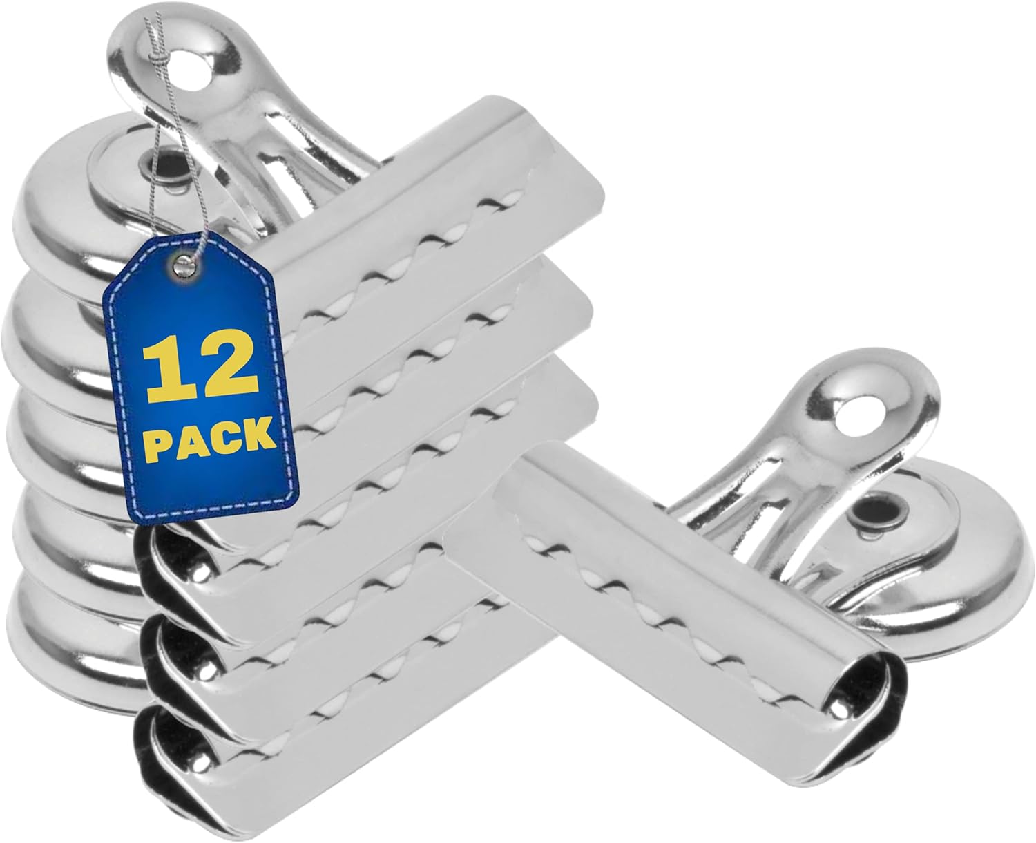 1InTheOffice Magnetic Clips for Refrigerator, Heavy Duty Refrigerator Bulldog Magnet Grip Clips, No. 2, 2.3" Width, 12 Pack, Silver