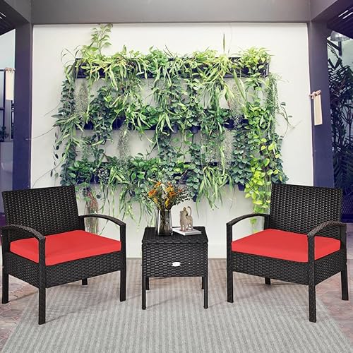 Miniatura 3 de COSTWAY Juego de muebles de ratán de patio de 3 piezas, mesa de almacenamiento, cubierta acolchada para sofá, color rojo