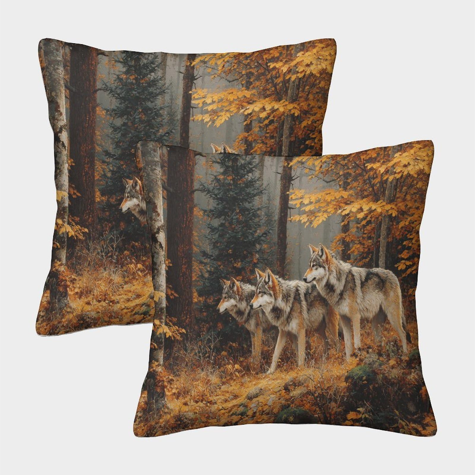 kaiyun 2 Pack 50x50cm Pillow Cases,A Pack of Wolves in The Forest, Amidst Vibrant Autumn Colors Decorative 3D Printed Cushion Cover,sofa Bed Decorative Cushions