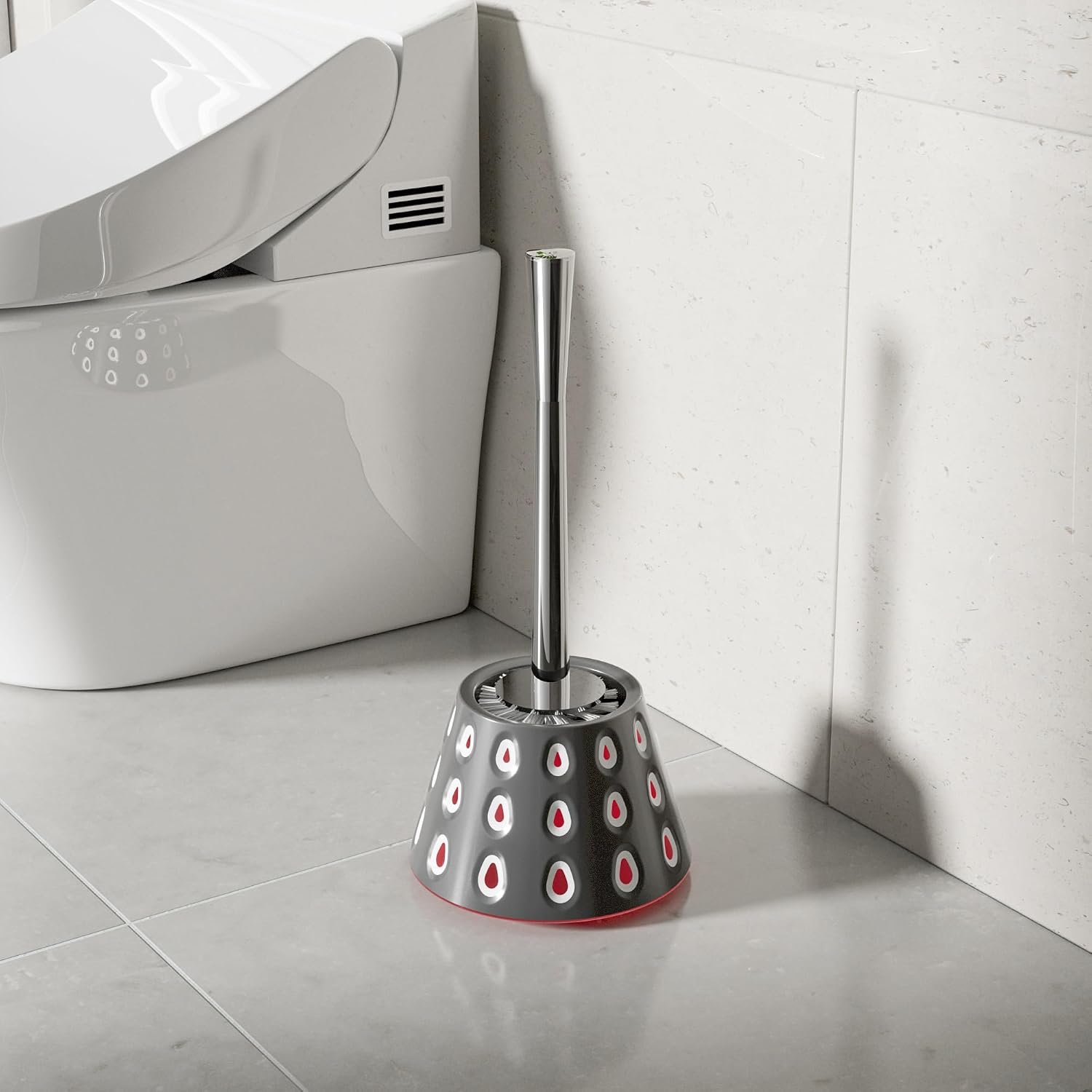 Aesthetic Toilet Brush and Holder | Decorative Bathroom Accessory with Modern Tri-Color Pattern Design | Discreet Enclosed Caddy | Sturdy PP Bristles | Heavy-Duty Base | (Volcanic Gray/White/Red)