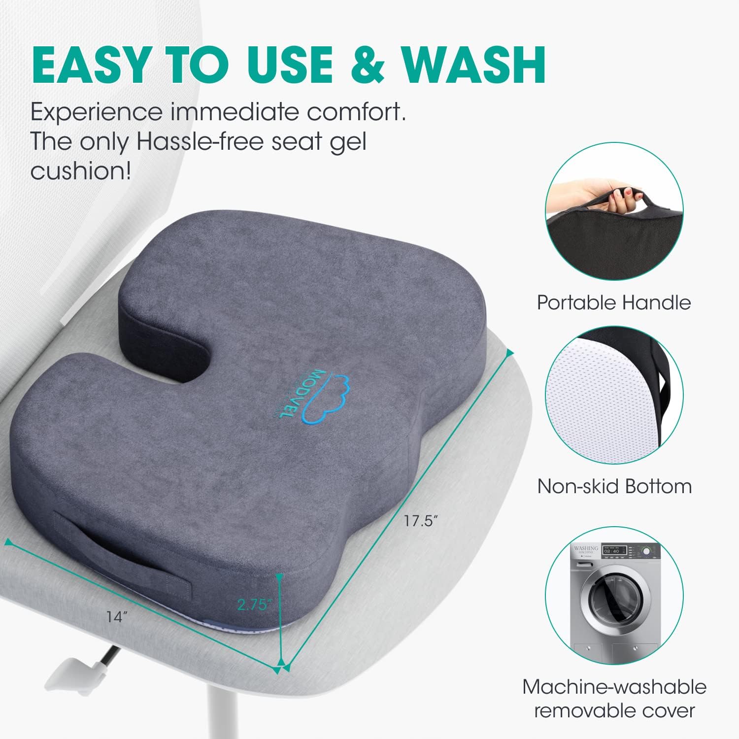 MODVEL Gel Enhanced Seat Cushion, True High Density Memory Foam Pillow for Office Chair - Non-Slip Orthopedic Coccyx Pad - Tailbone, Sciatica, Lower Back Pain Relief - Contoured Posture Corrector.