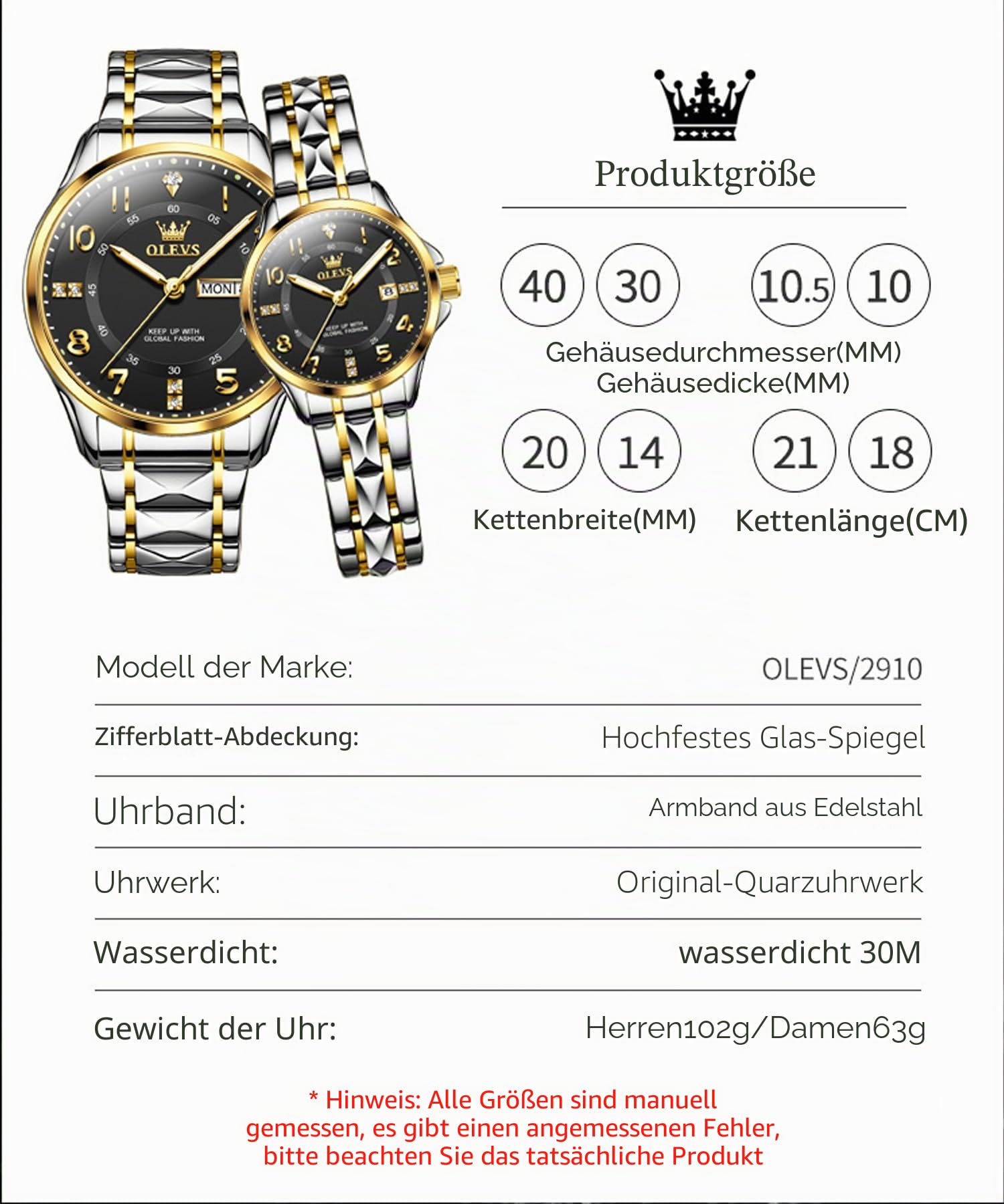 OLEVS Paar-Quarzuhr Edelstahl Paar-Hochzeit Romantisches Ausdruck Mann Tag Nacht Glühen Kalender Wasserdicht Lässige Herren- und Damenuhr