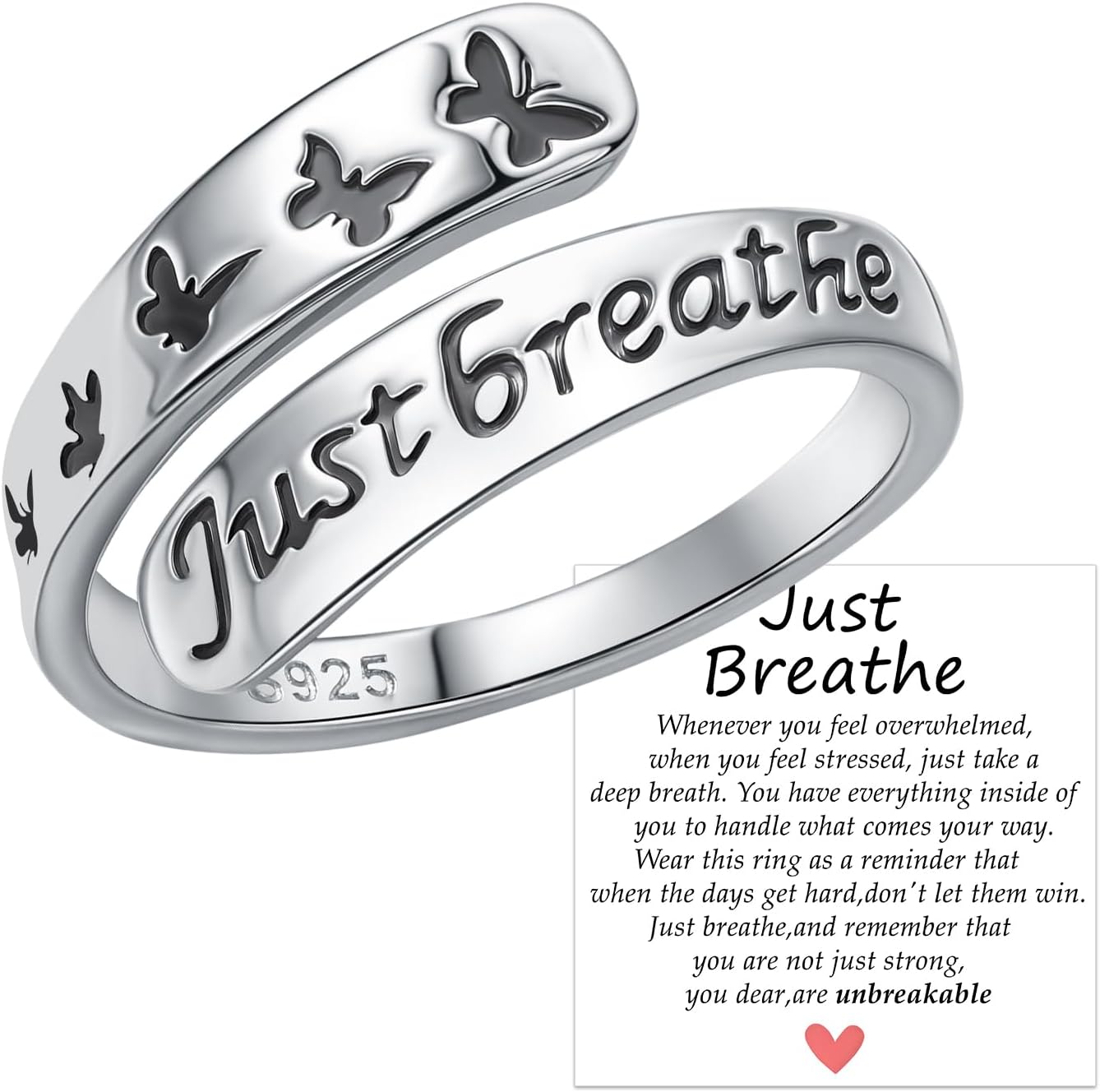 925 Sterling Silver Butterfly Just Breathe Ring for Women Adjustable Hope Inspirational Jewelry with Message Card Encouragement Gifts - Image 6