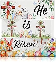 Vista 9 de Juego de 3 letreros de mesa de madera con texto en inglés "He Is Risen" para decoración de mesa de madera de Pascua, centro de mesa religioso