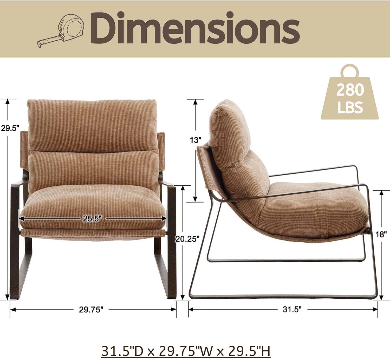 LukeAlon Modern Chenille Accent Armchair, Upholstered Lounge Chair with Brass Metal Frame Thickened Cushion Single Sofa Chair Comfy Leisure Side Chair with Armrest for Bedroom Living Room, Khaki