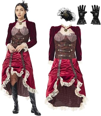 3PCS Women Steampunk Costume, Adult Vintage Victorian Dress with Headpiece Gloves, Gothic Pirate Skirt For Halloween