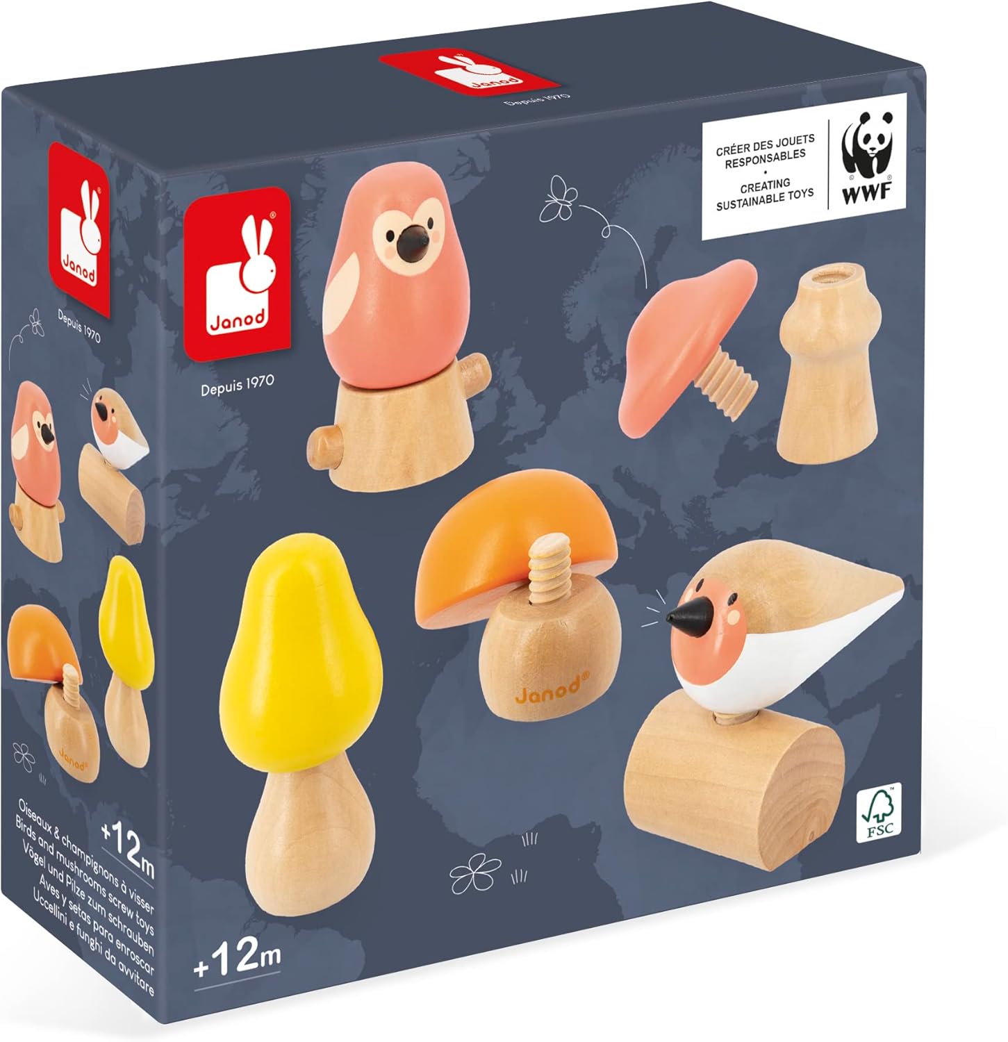 Janod 2 Birds and 3 Screw-On Mushrooms for Awakening and First Age Develops Dexterity - FSC-WWF Partnership Wooden Toy from 18 Months, Multicoloured, One Size
