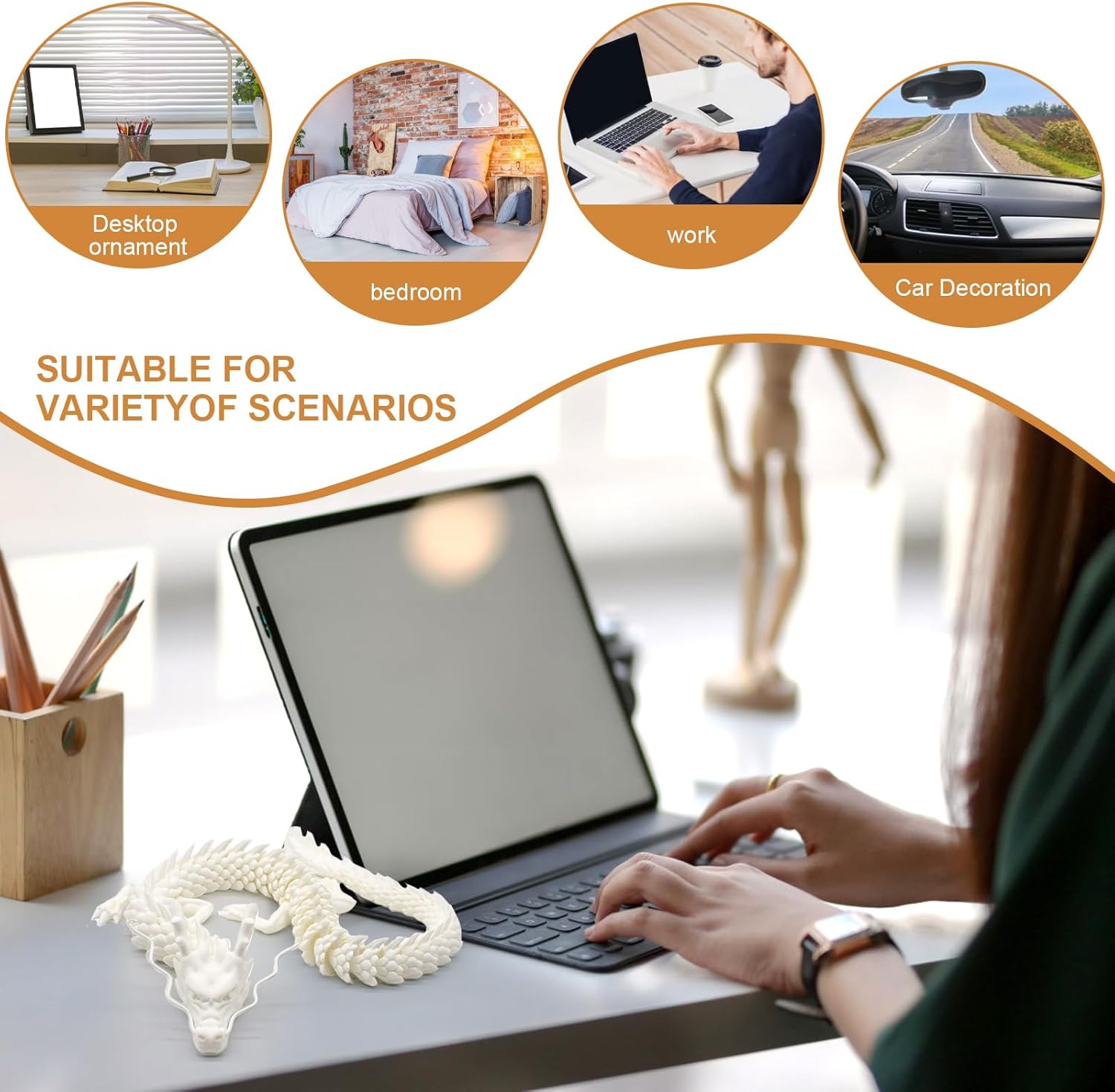 24 Inch 3D Printed Flexible Articulated Dragon - Reinforced Unbreakable Fidget Toy for Autism/ADHD, Home Office Decor Executive Desk Toy (White)