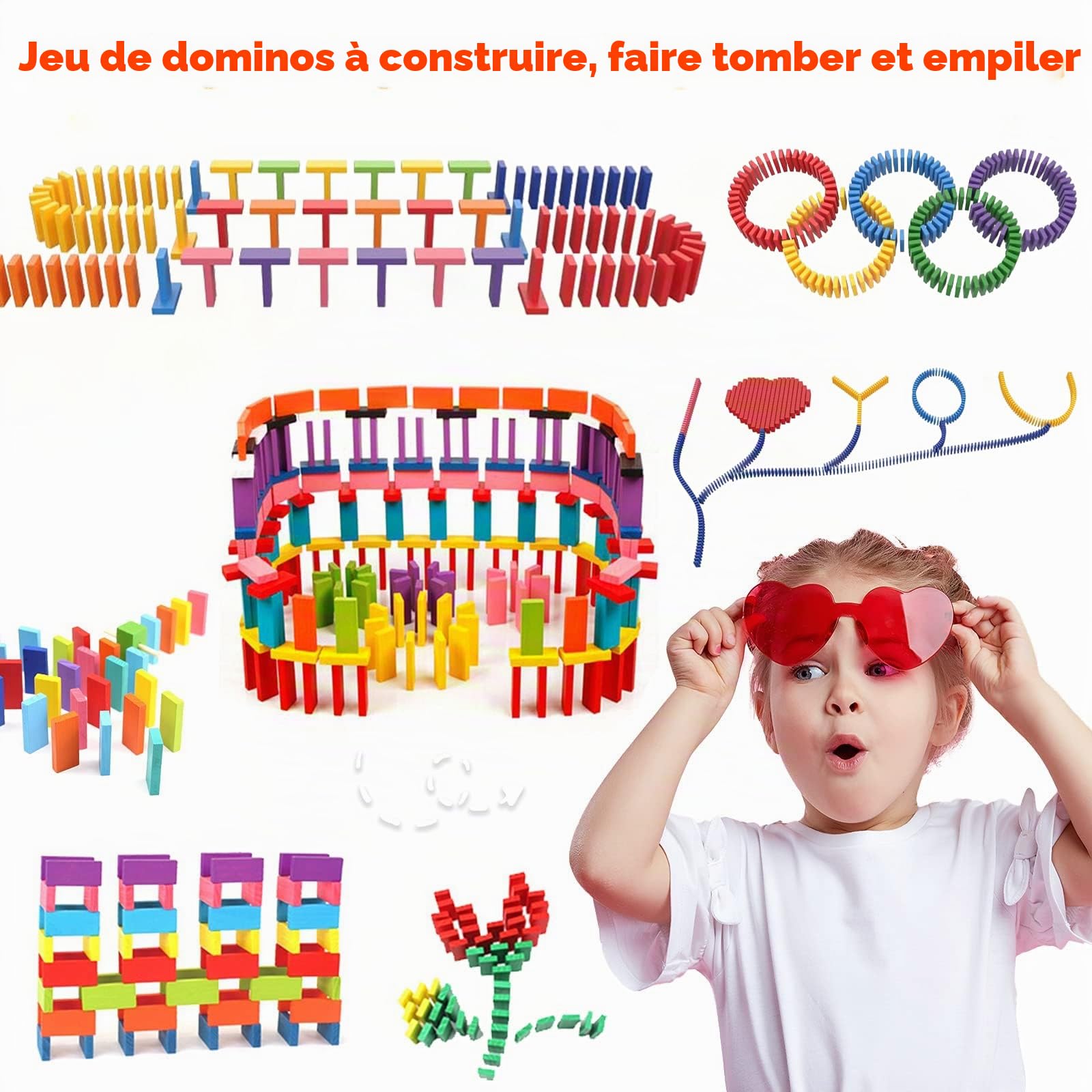jacootoys 1000 Pièces Domino Set pour Enfants, Blocs de Construction en Bois Colorés Bulk Racing Tuiles Jeux, éducatif Domino Rallye Kits avec Sac de Rangement et Boîte