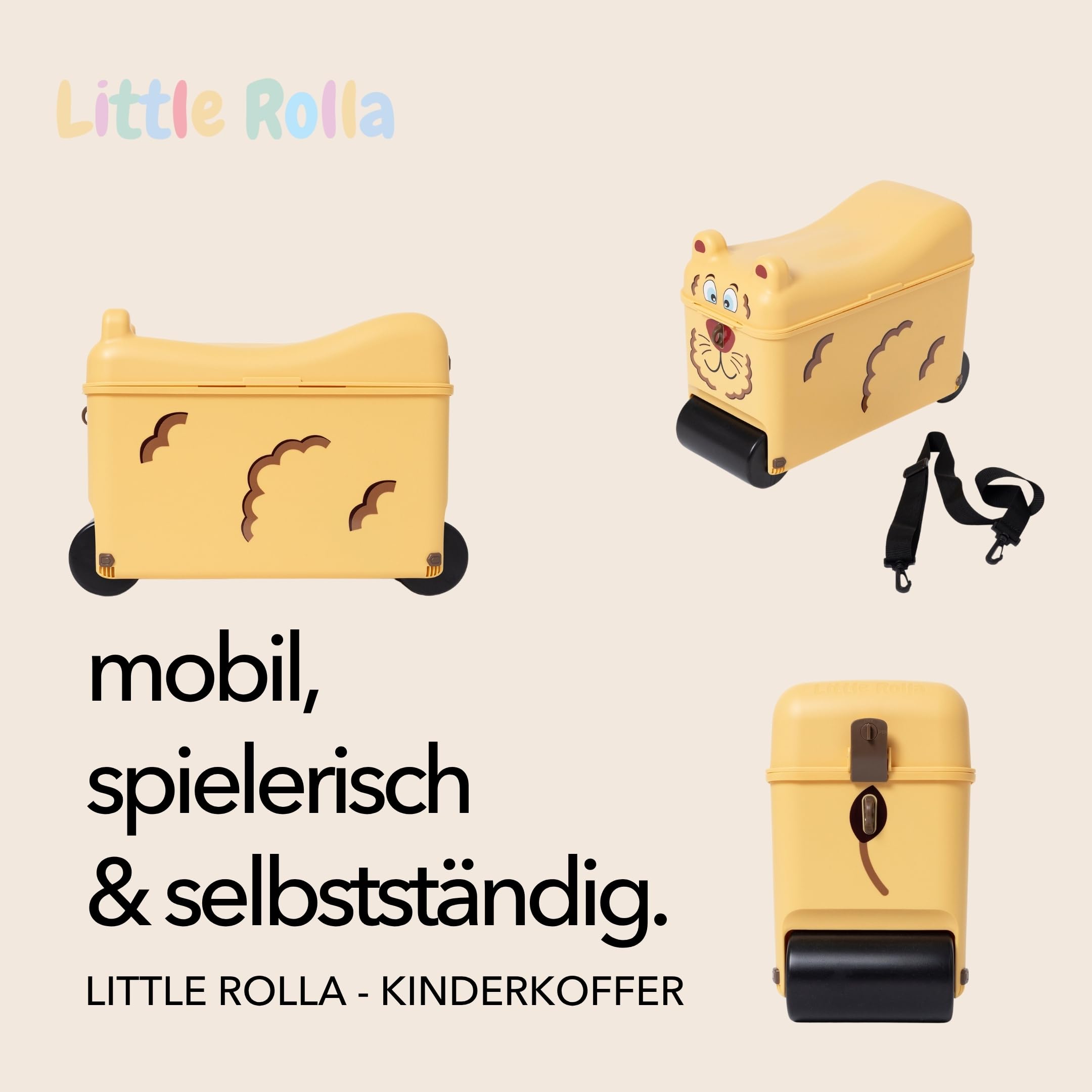 Kinderkoffer – Aufsitzkoffer & Handgepäck für Kinder 2–7 Jahre | 16L Ride-On Koffer mit abschließbarem Deckel, Tragegurt & Tablett – Reisekoffer zum Ziehen & Draufsitzen (Löwe)