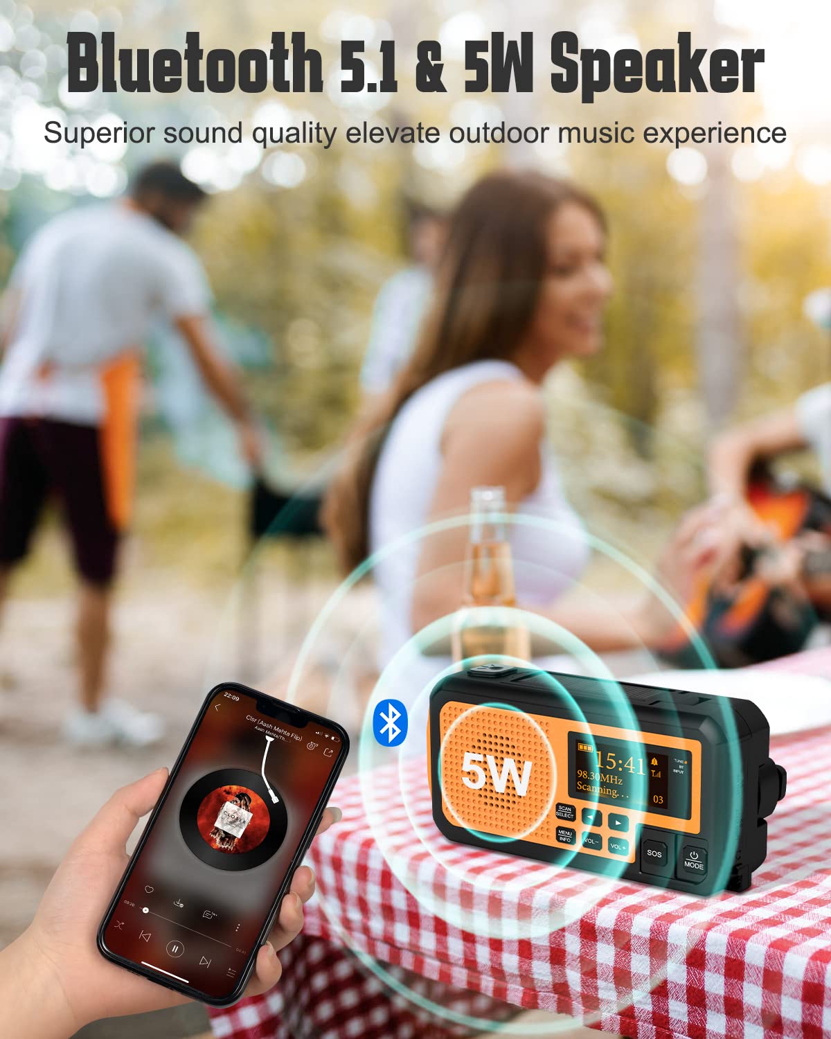 Radio Portable Multifonction - Dynamo, Solaire, Batterie 10000mAh - Lampe, Recharge USB, SOS - Pour Randonnée, Urgence - 4