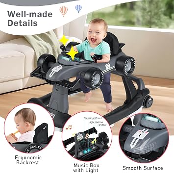 BABY JOY 4-in-1 Baby Walker, Foldable Activity Walker with Adjustable Height & Speed, Music, Lights, Anti-Rollover, Toddler Push Walker, Baby Walker with Wheels for Boys Girls 6-18 Months (Gray)