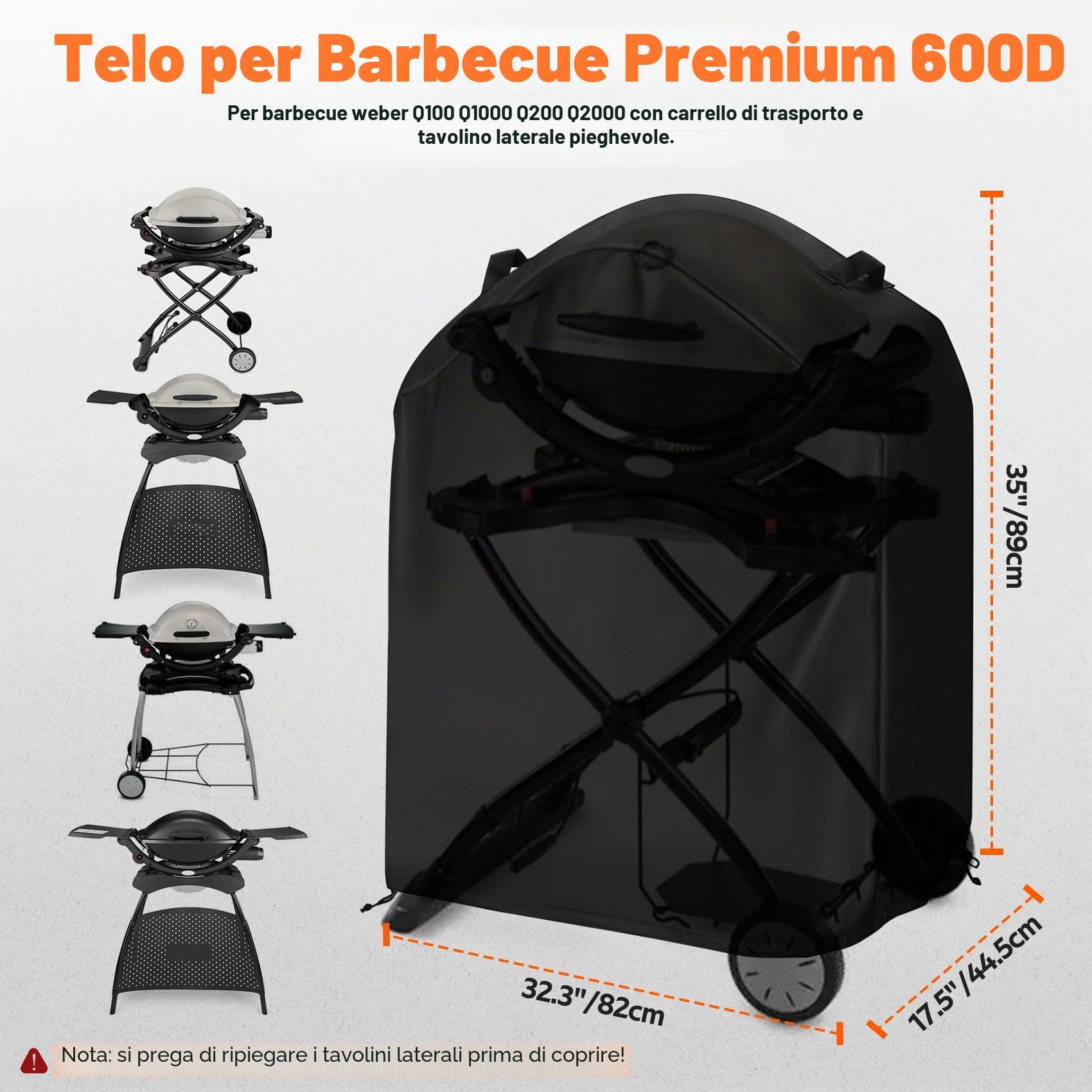 Onlyfire Copertura Barbecue, Telo Copri Barbecue per Barbecue a Gas Weber Serie Q 100/1000 e 200/2000 con Carrello Portatile, Impermeabile, Resistente, 600D Oxford, 89cm x 44.5cm x 82cm