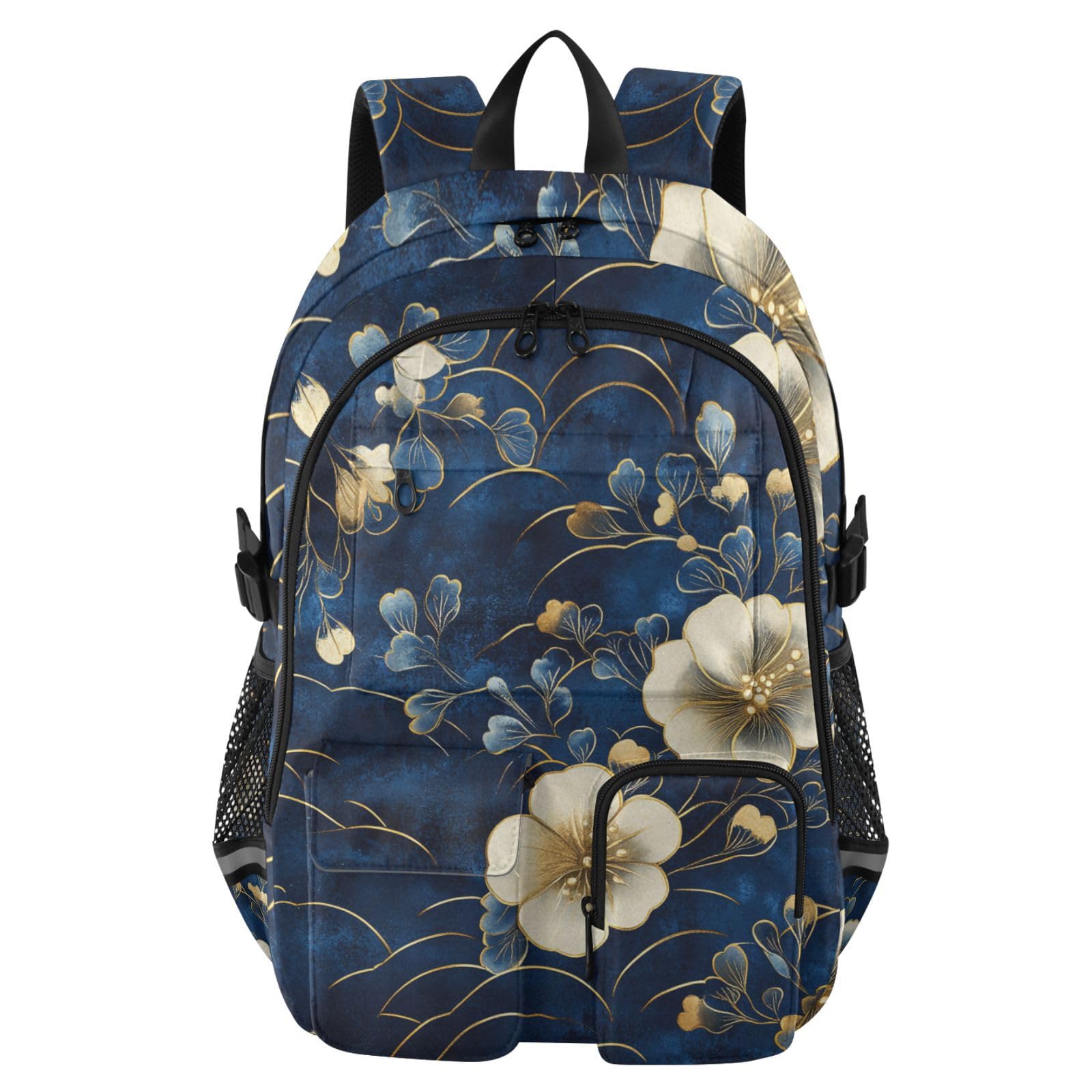 Mochilas de viaje para mujer, color azul y dorado, retro, románticas, flores, bolsa de trabajo universitaria, mochila de trabajo de 17.5 pulgadas, mochila de negocios