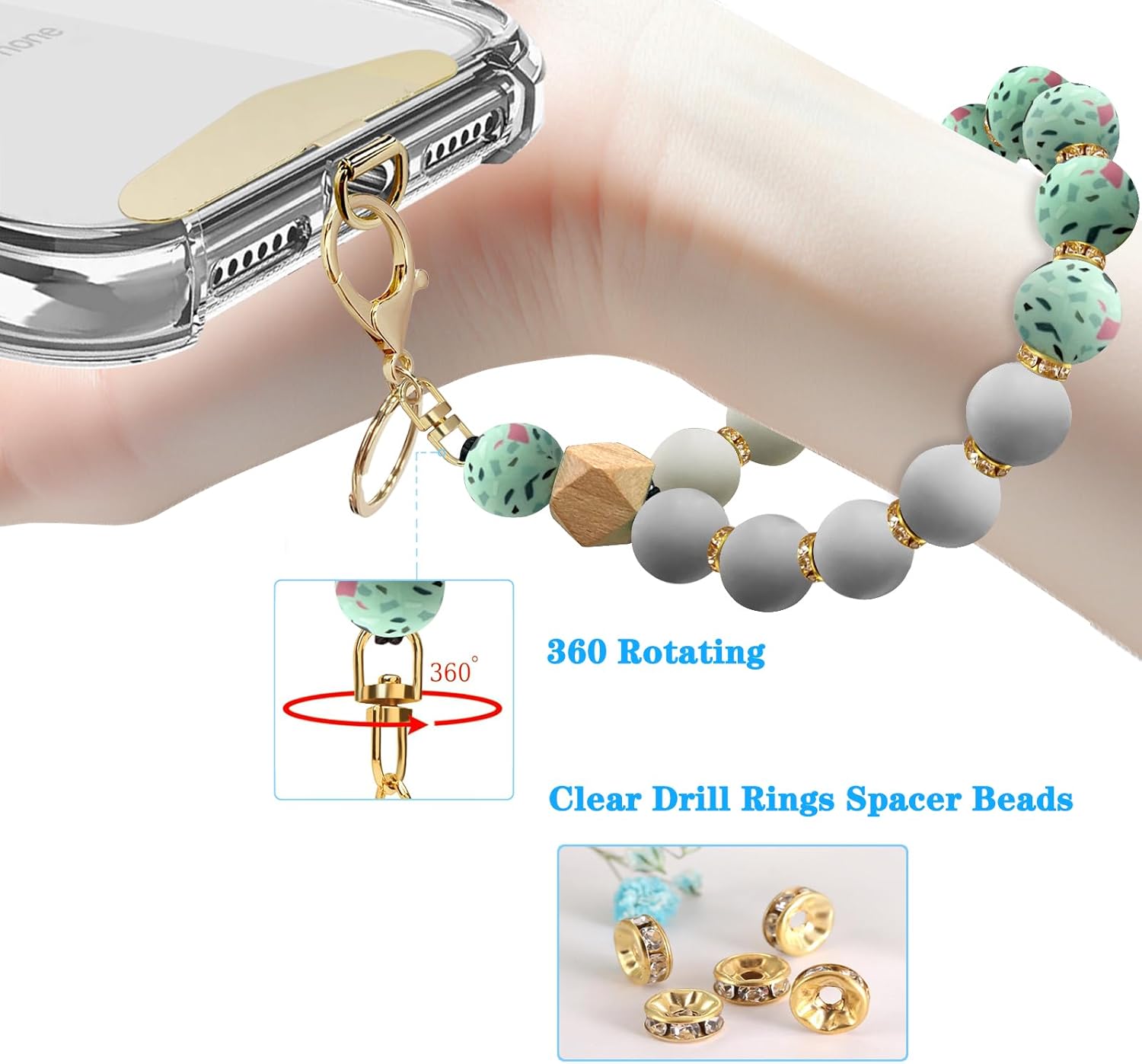 Silicone Beaded Phone Wrist Strap, Phone Bracelet Strap with Tether Tab Elastic Hands Free Wristlet Strap - Image 2