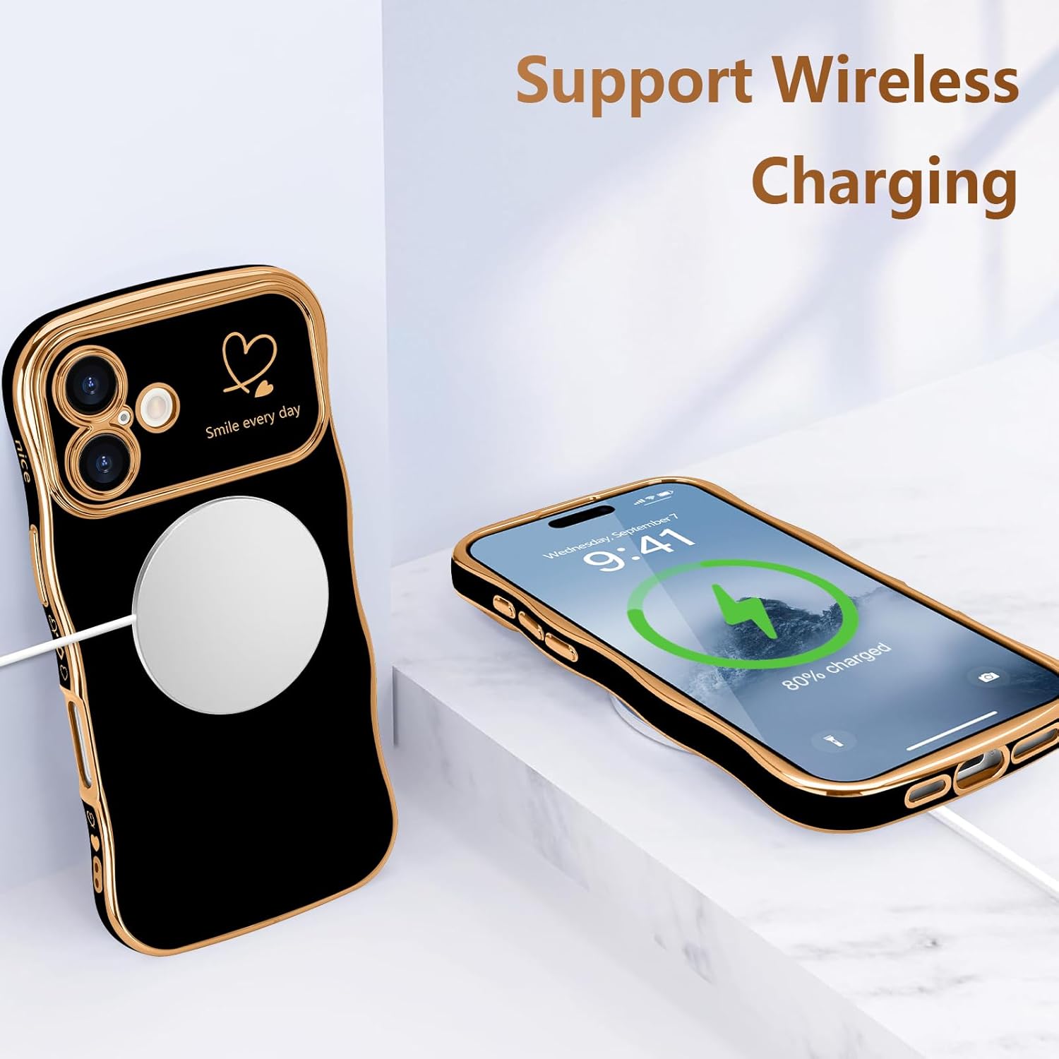 LCHULLE for iPhone 16 Plus Case for Women Girls, Cute Wave Frame Curly Shape with Love Heart Pattern Raised Camera Protection Cover Luxury Plating Shockproof Phone Case for iPhone 16 Plus, Black - Image 5