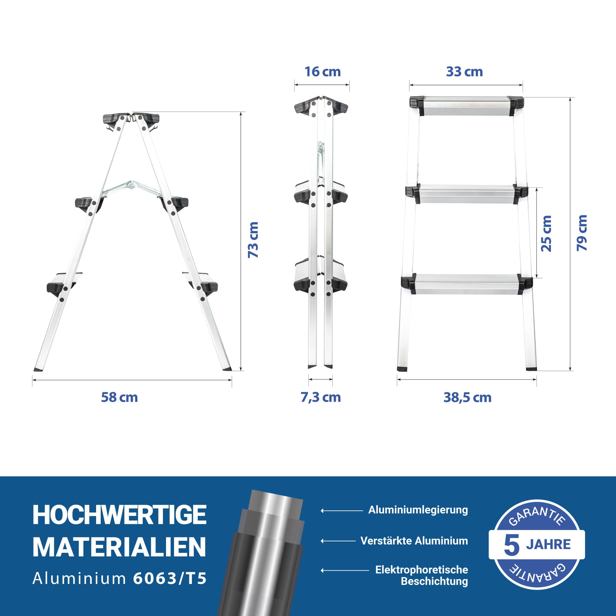 HOSTRÖM Trittleiter Klapptritt 3 Stufen HOMILIX, kleine klappbare Trittleiter, Aluminium, kompakt und robust, Arbeitshöhe 2,34 m, 5 Jahre Garantie