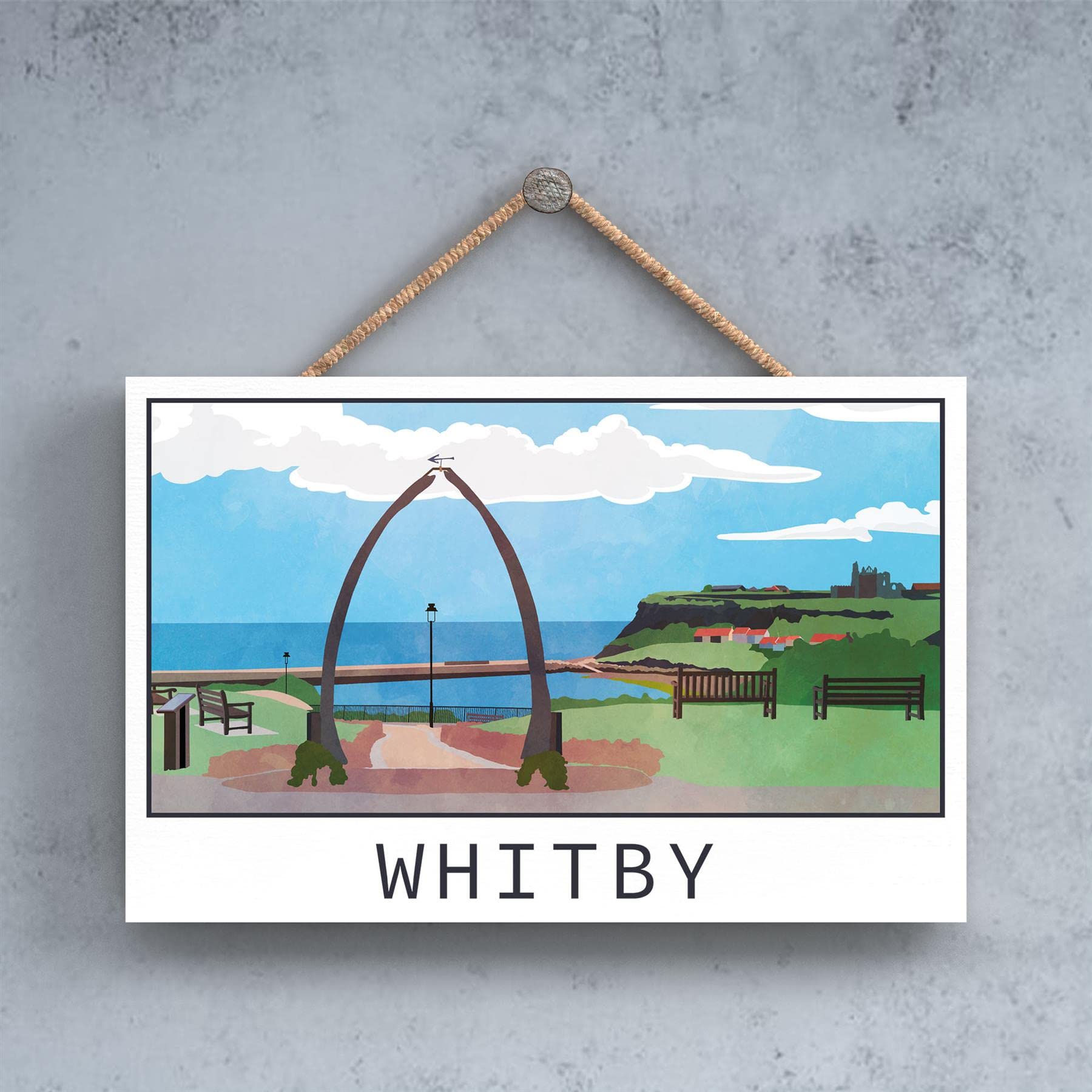 Global Designs Whitby Whale Arch Whale Jaw Bone Landscape Illustration Wooden Plaque