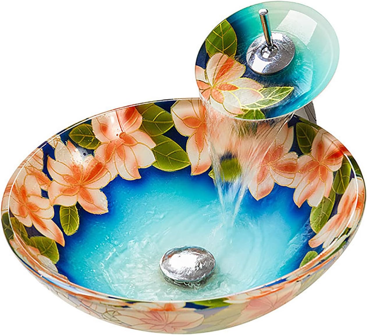 Bathroom Vessel Sink Tempered Glass Washroom Above Counter Artistic Bowl Basin Vanity Sink with Waterfall Faucet Set and Pop Up Drain Set,Flower