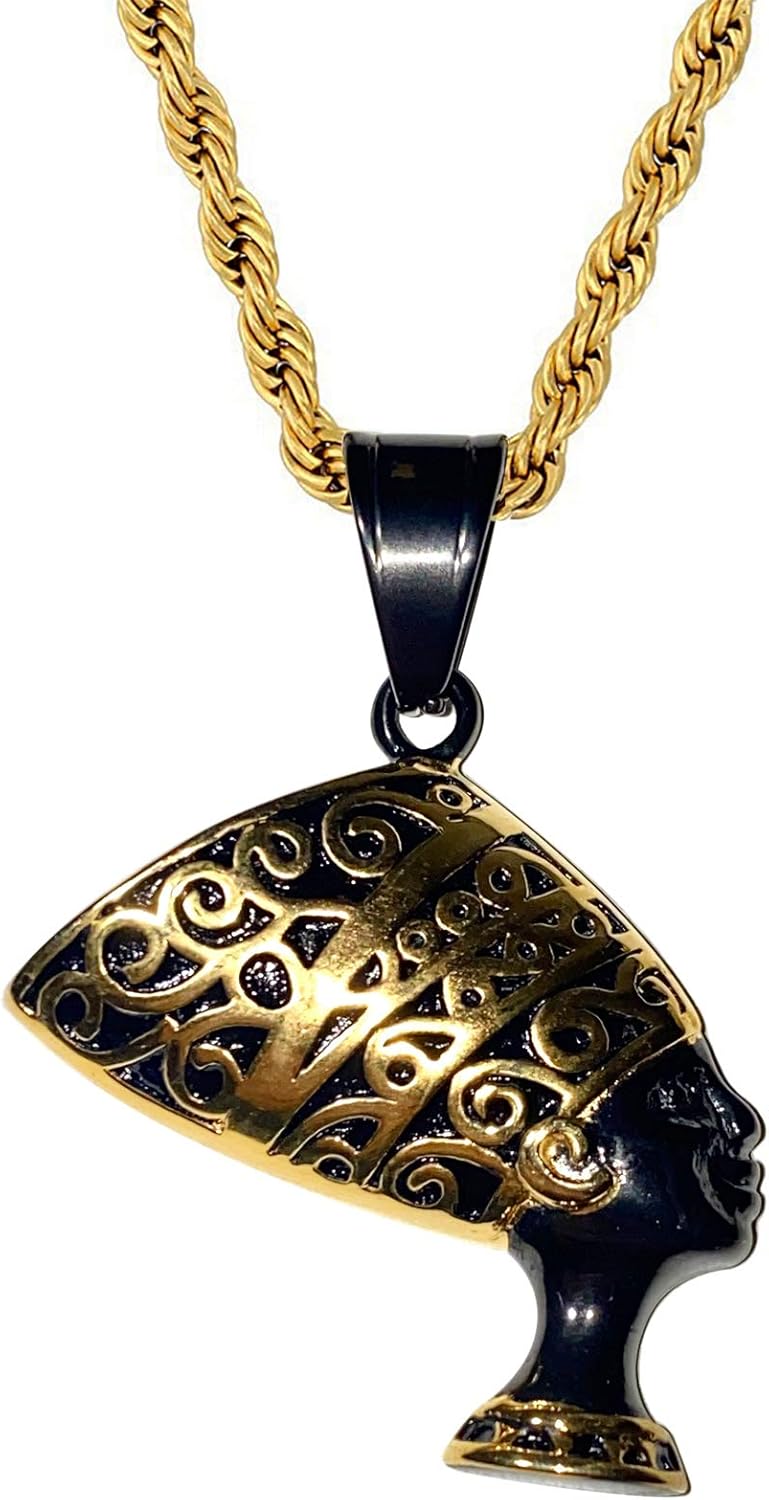 Egyptian Queen Nefertiti Pendant – 14k Gold Finish Black Iced Necklace with 2.5mm Rope Chain, Stainless Steel Fashion Jewelry for Men & Women