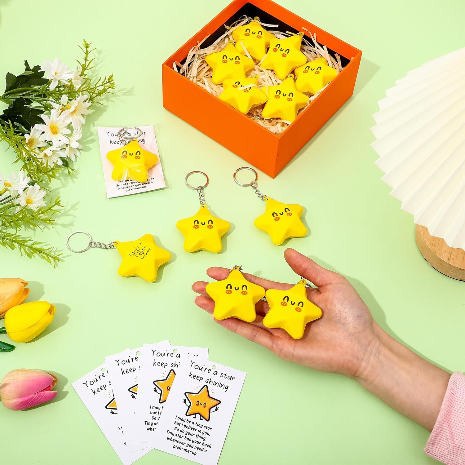 60 Set Inspirational Gifts Star Keychain with You Are a Star Card Valentines Thank You Gift for Team Employee Coworkers (Yellow)