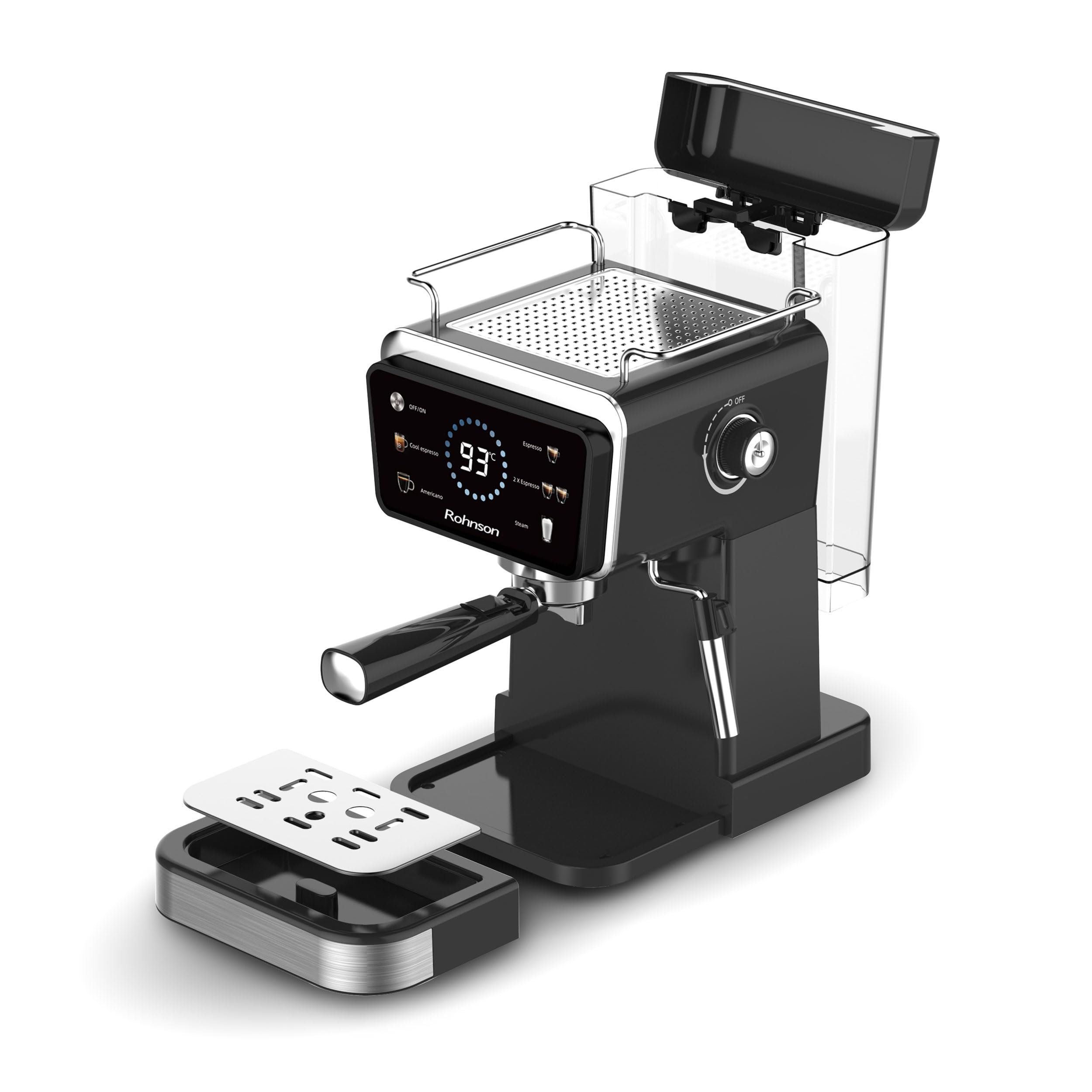 Rohnson Macchina per Espresso Caffè Macinato, Pompa da 20 Bar, Serbatoio Acqua Rimovibile da 1,5 L, 1350W, Tecnologia Caldo e Freddo, Lancia Vapore per Latte, Facile da Pulire, Design Efficiente
