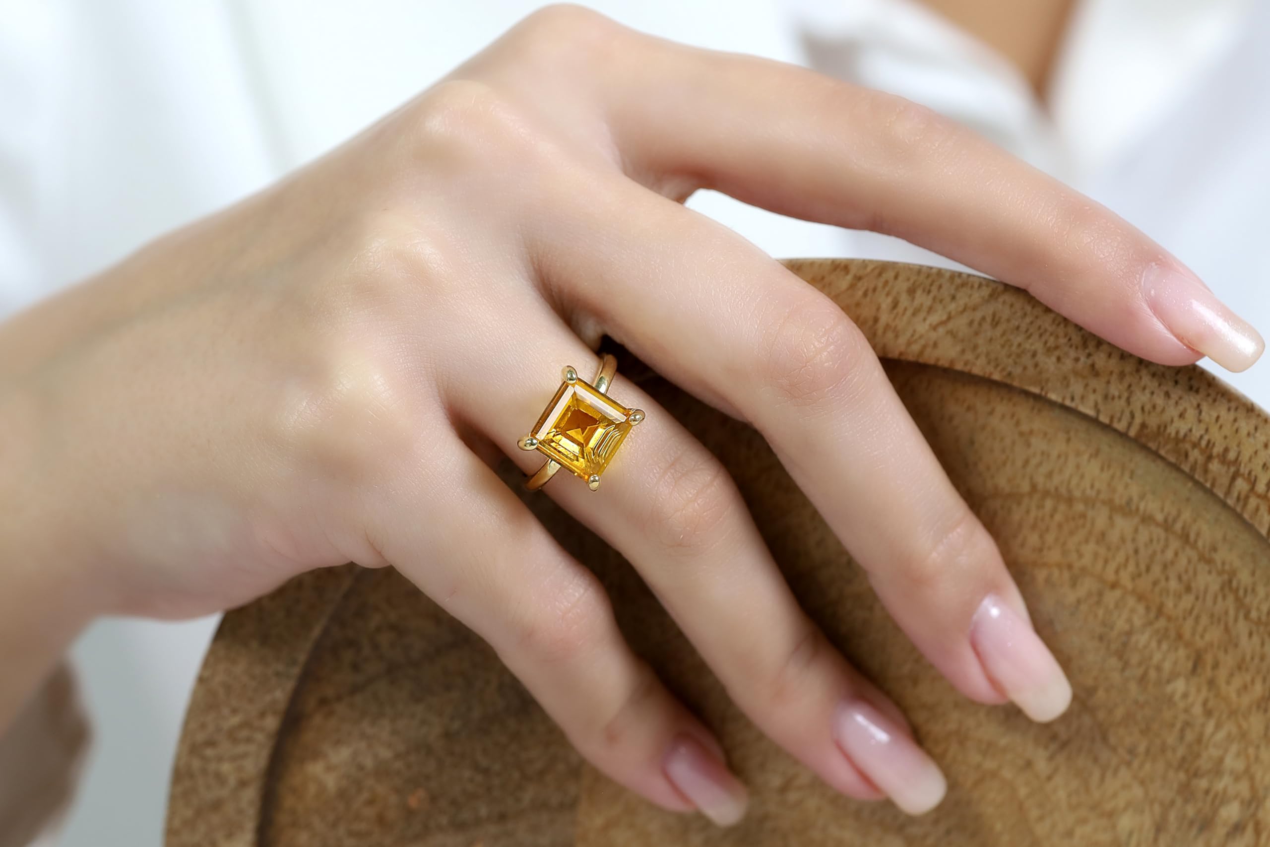 Anillo Citrino Amarillo - Anillos Solitarios Brillantes para Mujer - Anillo Cuadrado Hecho a Mano, Anillo de Compromiso Único - Joyería Personalizada con Caja