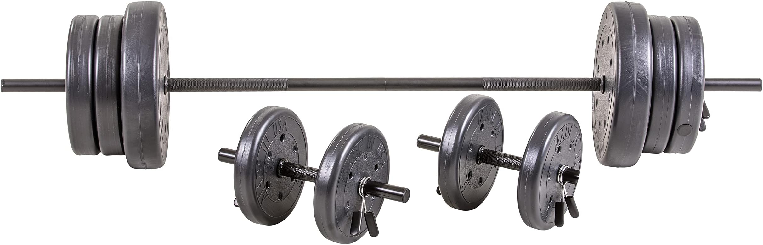 US Weight 105 lb Duracast Barbell Weight Set with two dumbbells and 6ft bar for home gym