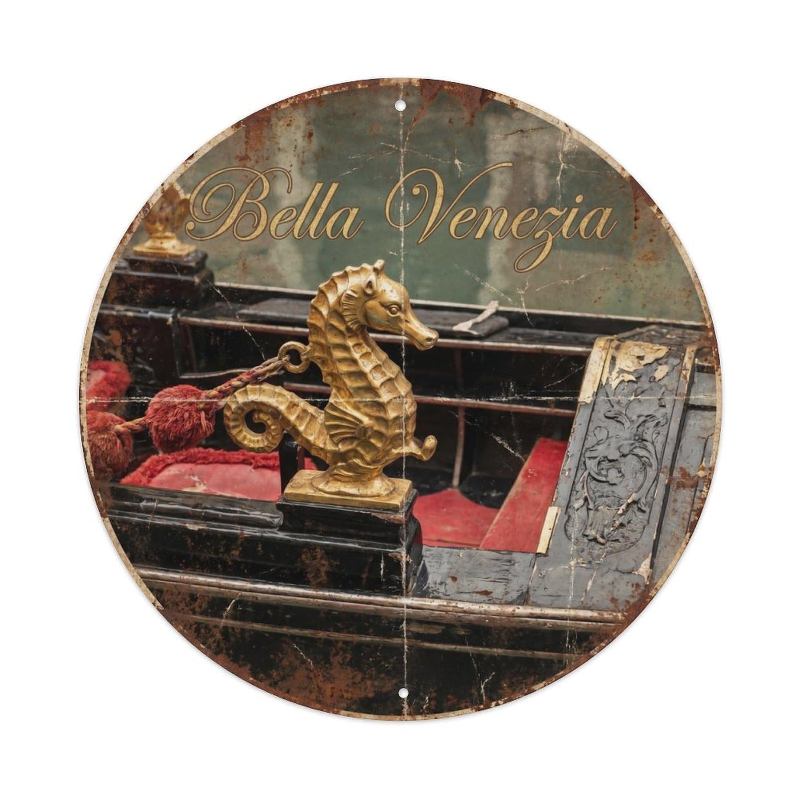 Venice Floating City Gondola Lagoon Vintage Italian Vacation Metal Tin Sign Plaque Wall Decor for Cafe, Man Cave, Club Bar, Office, Home Garden Round Metal Poster 8x8Inch