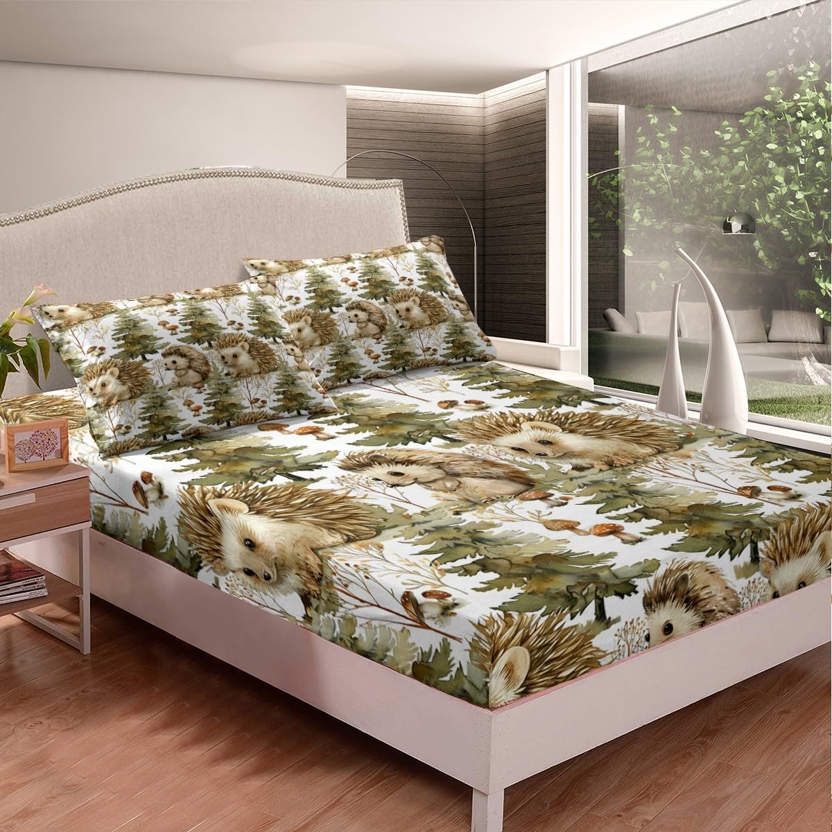 Erosebridal Hedgehog Fitted Sheet Full Watercolor Branch Leaves Bed Sheets Jungle Pine Trees Bedding Set Woodland Wildlife Animal Sheets Natural Mushroom Decor