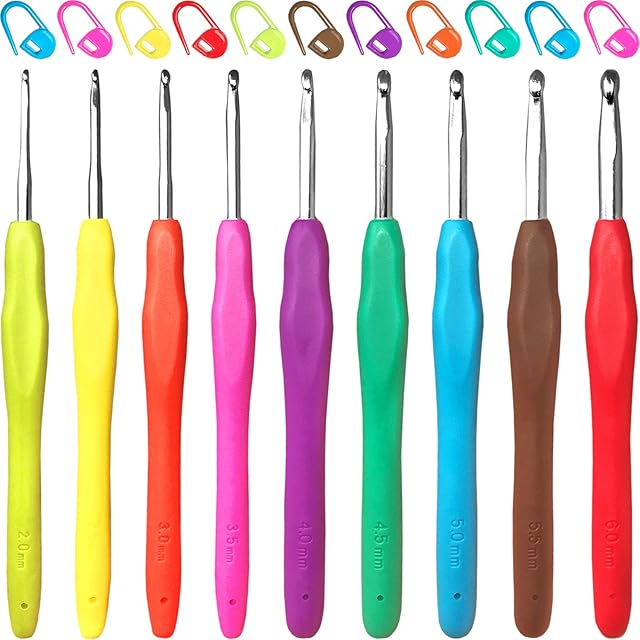 Smiths® Soft Grip Ergonomic Aluminium Crochet Hooks with Rubber Handles | Knitting Needles | Set of 9 | 2mm 2.5mm 3mm 3.5mm 4mm 4.5mm 5mm 5.5mm 6mm | Includes 20 Stitch Markers!