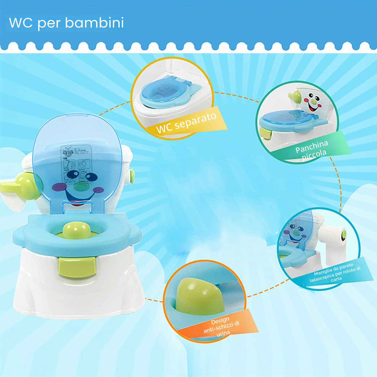 Toilette Da Allenamento Con Porta Fazzoletti, Mobili Imbottiti Rimovibili, Vasino Per Wc, Vasino Educativo Potty, Design Cartone Animato, Materiale Pp, 36 x 42 x 30 Cm (Blu)