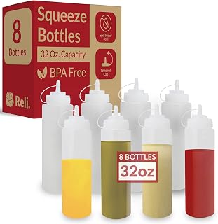 Reli. 32 oz Clear Squeeze Bottles, 8 Pack with Tethered Caps - BPA-Free HDPE for Condiments, Sauces, Ketchup, Hot Sauce, Olive Oil
