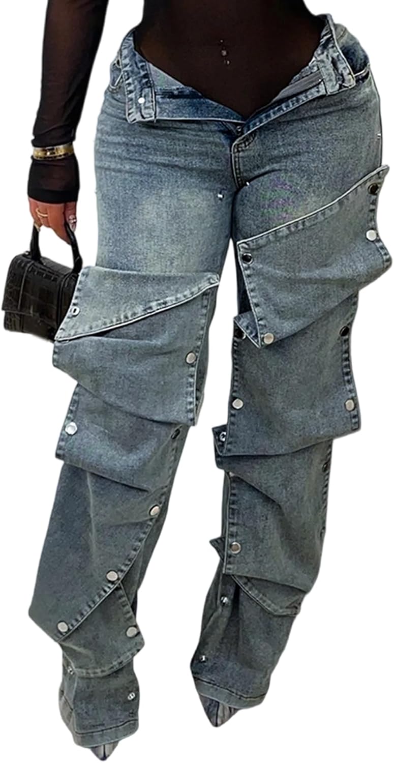 Voghtic Womens y2k Detachable Patchwork Irregular Boyfriend Cargo Jeans High Waisted Straight Leg Denim Pants Streetwear