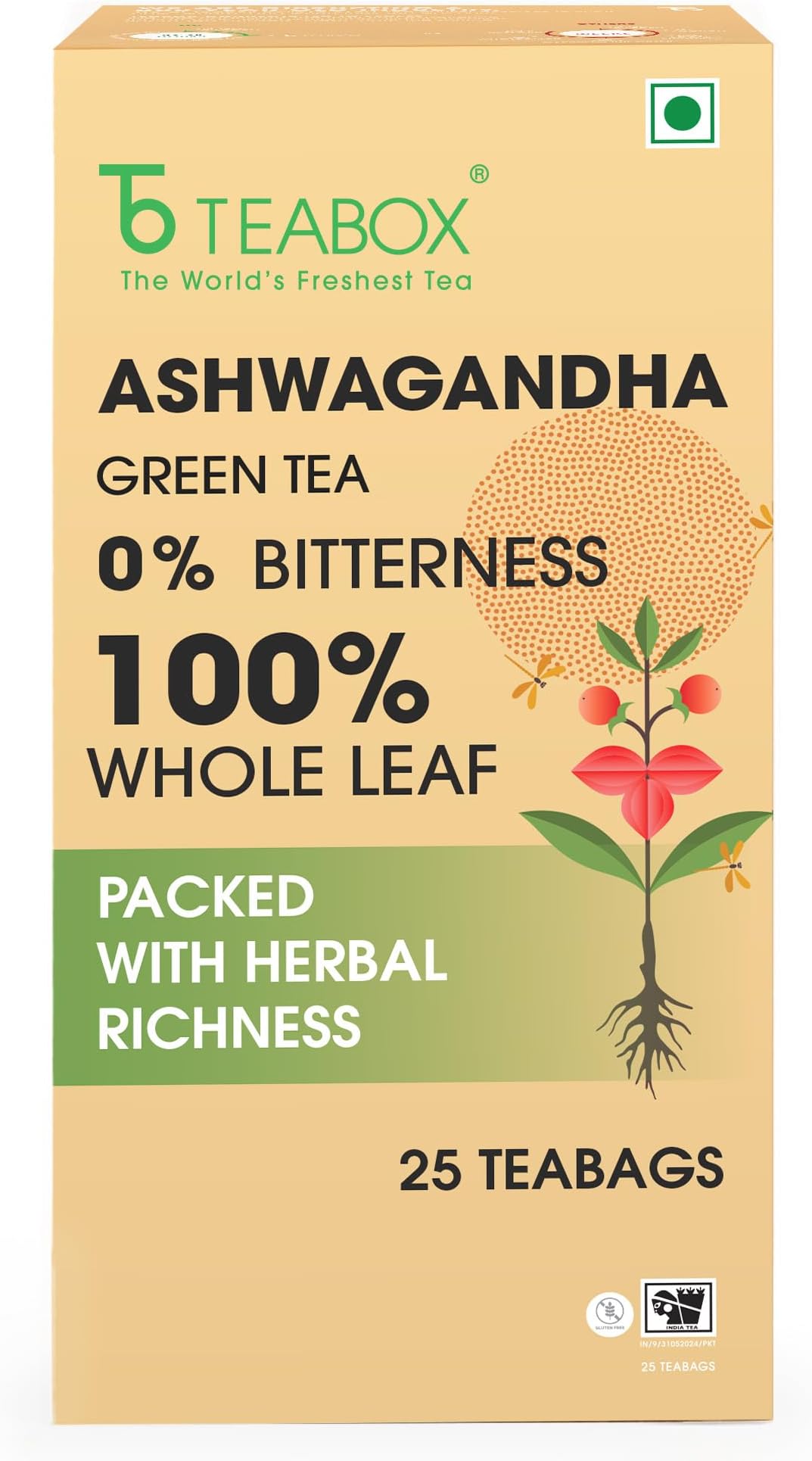 Teabox Ashwagandha Green Tea 25 Teabags | Ayurvedic Blend of Premium Green Tea and Natural Ashwagandha | Silken Pyramid Teabags