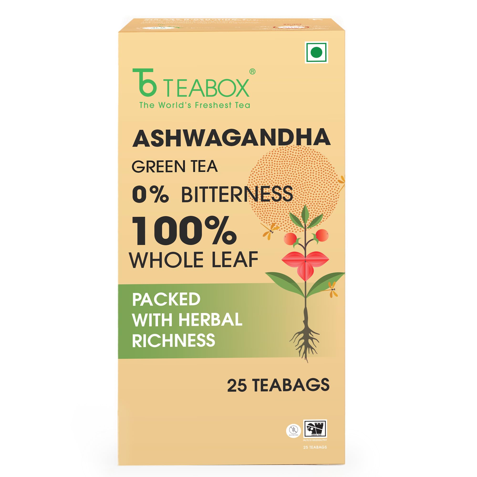Teabox Ashwagandha Green Tea 25 Teabags | Ayurvedic Blend of Premium Green Tea and Natural Ashwagandha | Silken Pyramid Teabags