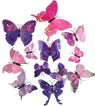 12 Pcs Purple Butterflies Double Wings Refrigerator Magnets Wall Decal Removable Sticker Decoration for Home Kitchen Kids Room Bedroom Office Theme Parties Classroom Window Decor Purple