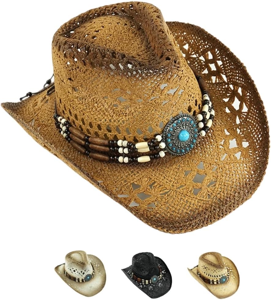 Antique Woven Straw Western Hat Sun Protective Adjustable Panama Hat for Western Woven Straw Hat Ethnic Belt Breathable Beach Hat Sun Protective Headwear
